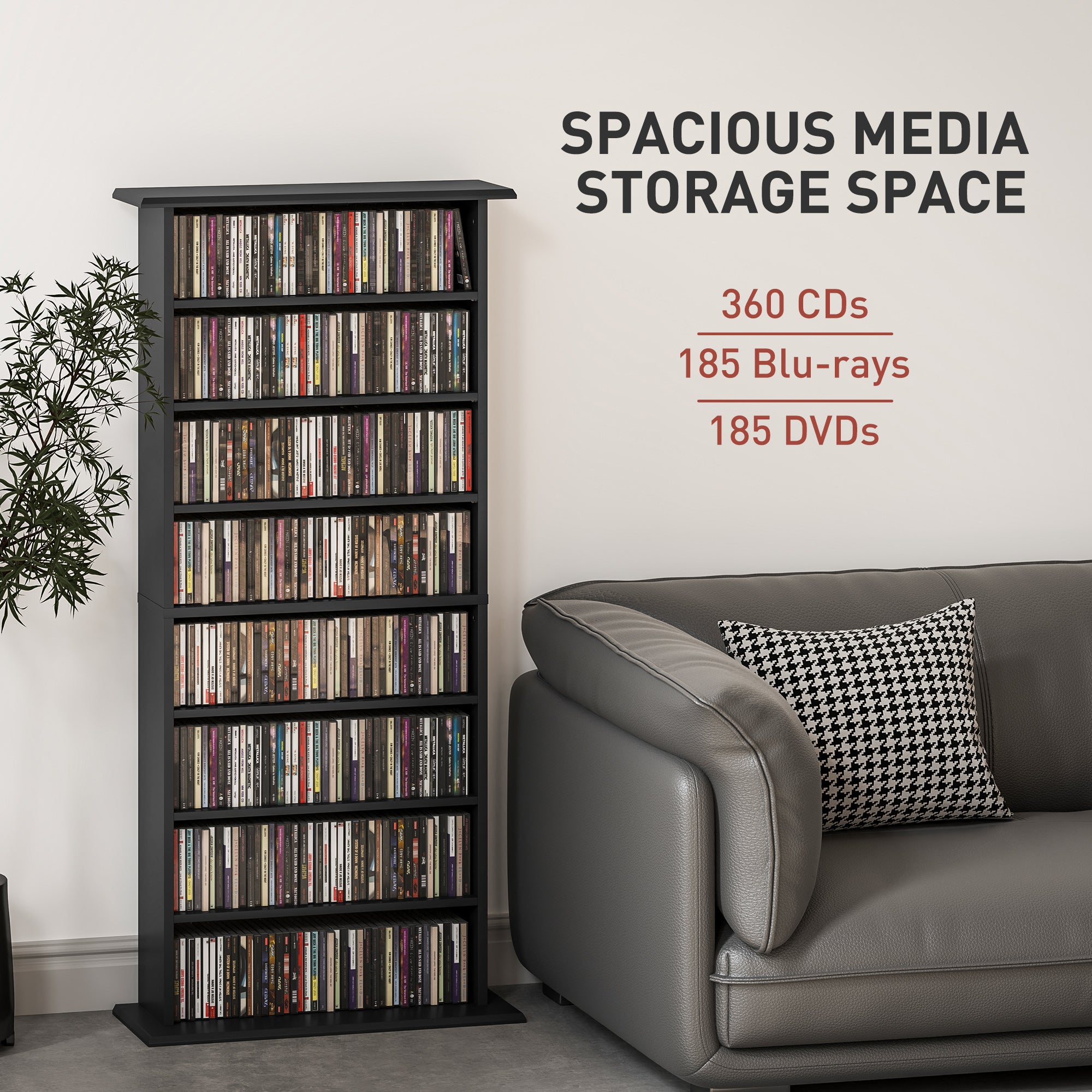 HOMCOM Double Media Storage Cabinet, 8-Tier DVD Shelf with 6 Adjustable Shelves, 8 Compartments, Holds 360 CDs, 185 DVDs or 185 Blu-rays, Black