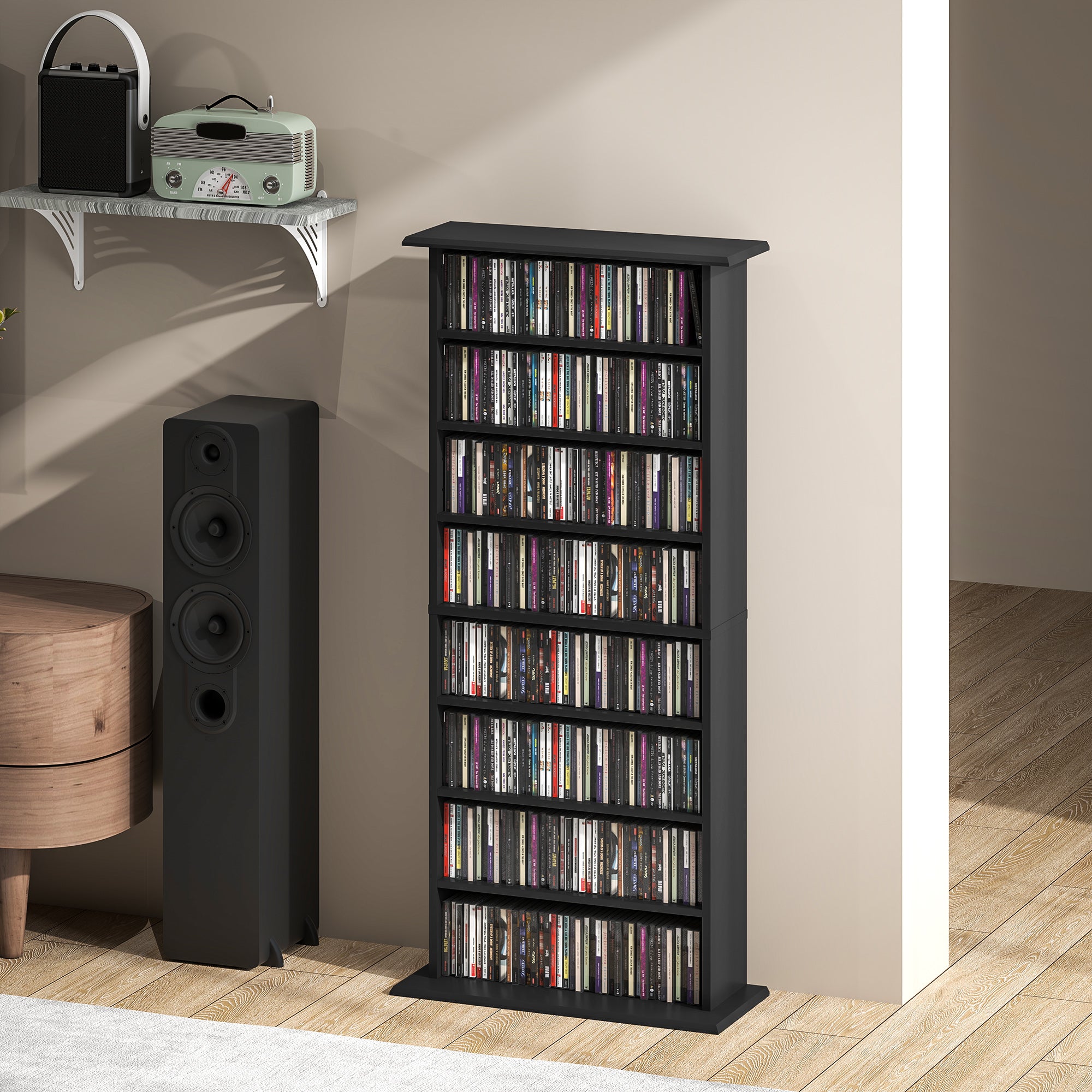 HOMCOM 360 CD/185 DVD Storage Unit, 185 Blu-ray Media Storage Shelf with 8 Compartments and 6 Adjustable Shelves, CD Tower for Living Room, Bedroom, Office, Black