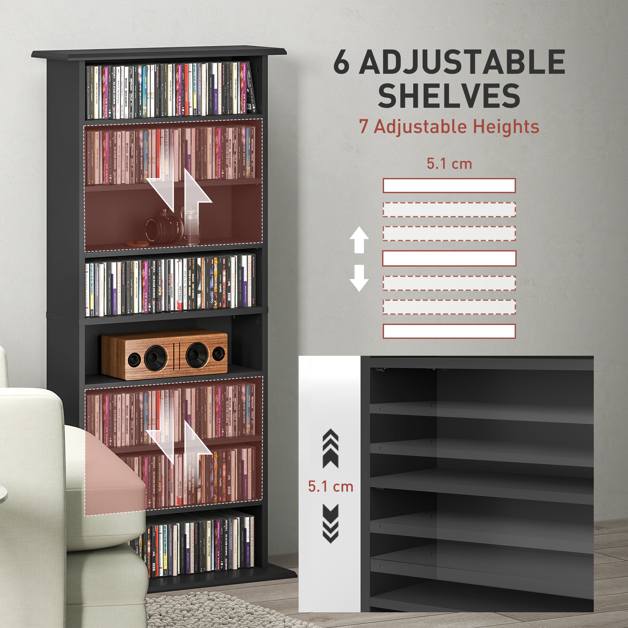 HOMCOM Double Media Storage Cabinet, 8-Tier DVD Shelf with 6 Adjustable Shelves, 8 Compartments, Holds 360 CDs, 185 DVDs or 185 Blu-rays, Black