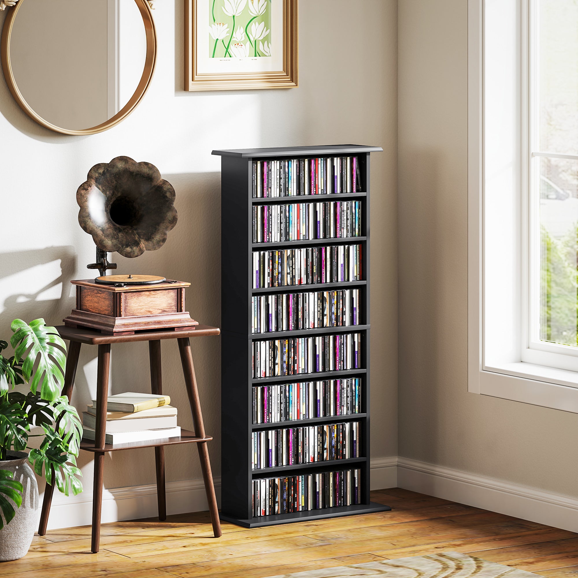 HOMCOM Double Media Storage Cabinet, 8-Tier DVD Shelf with 6 Adjustable Shelves, 8 Compartments, Holds 360 CDs, 185 DVDs or 185 Blu-rays, Black