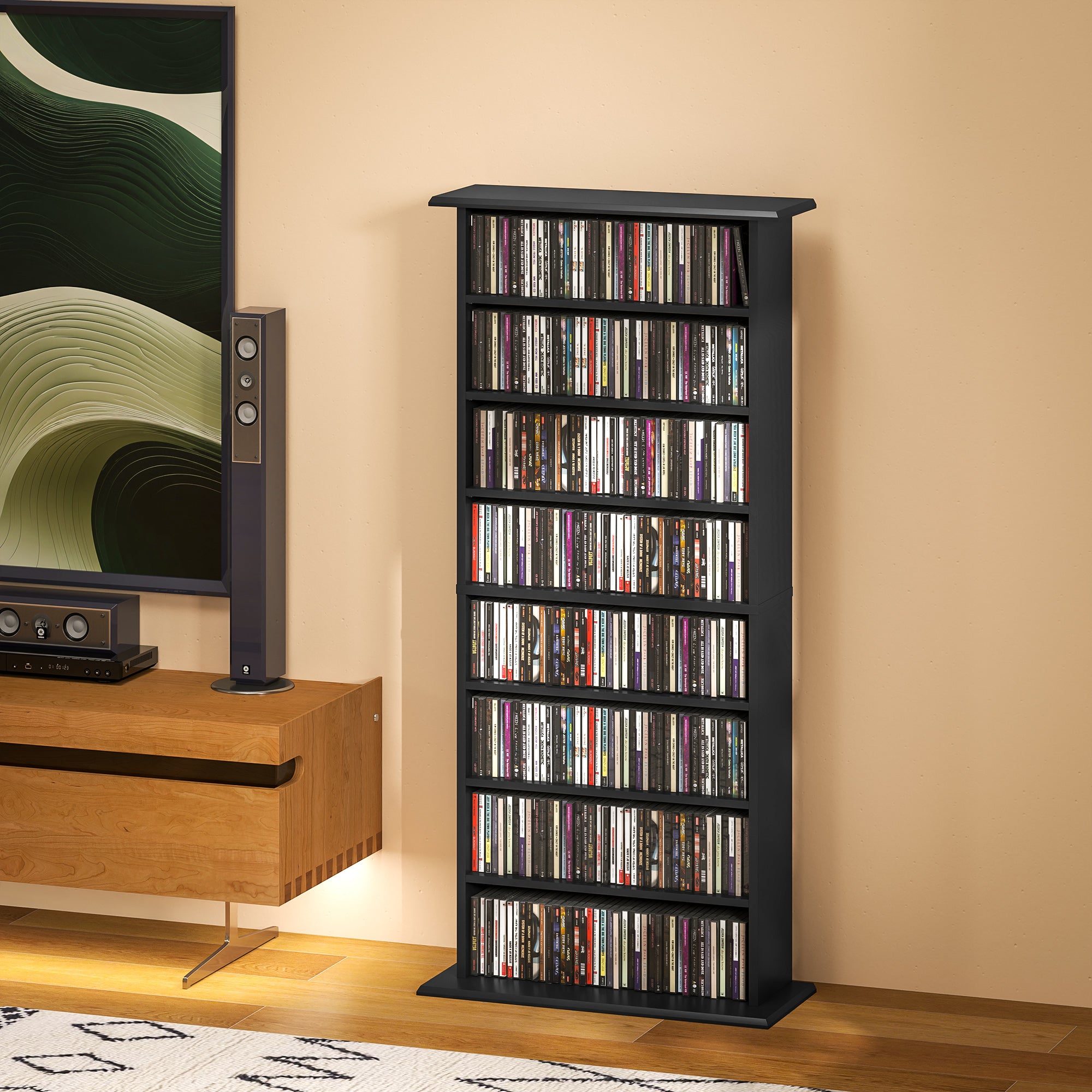 HOMCOM Double Media Storage Cabinet, 8-Tier DVD Shelf with 6 Adjustable Shelves, 8 Compartments, Holds 360 CDs, 185 DVDs or 185 Blu-rays, Black