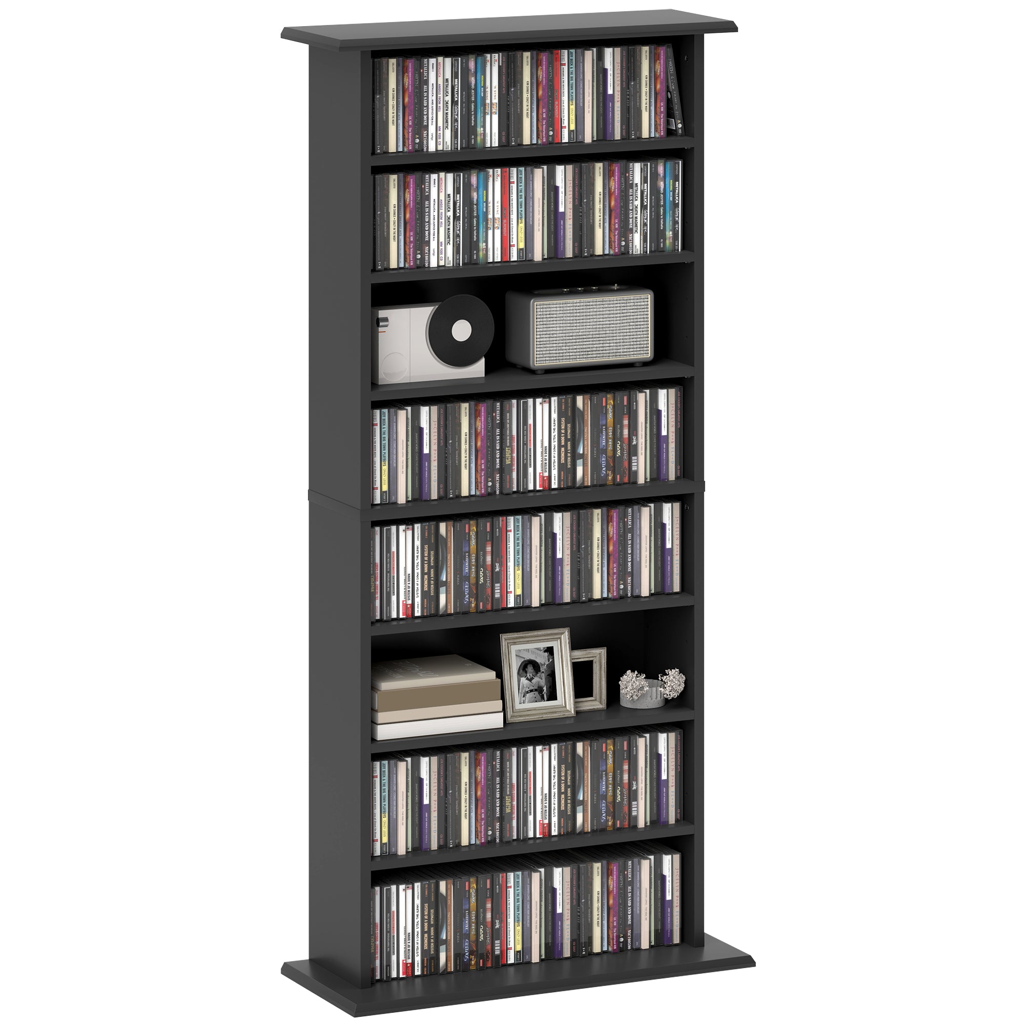 HOMCOM Double Media Storage Cabinet, 8-Tier DVD Shelf with 6 Adjustable Shelves, 8 Compartments, Holds 360 CDs, 185 DVDs or 185 Blu-rays, Black
