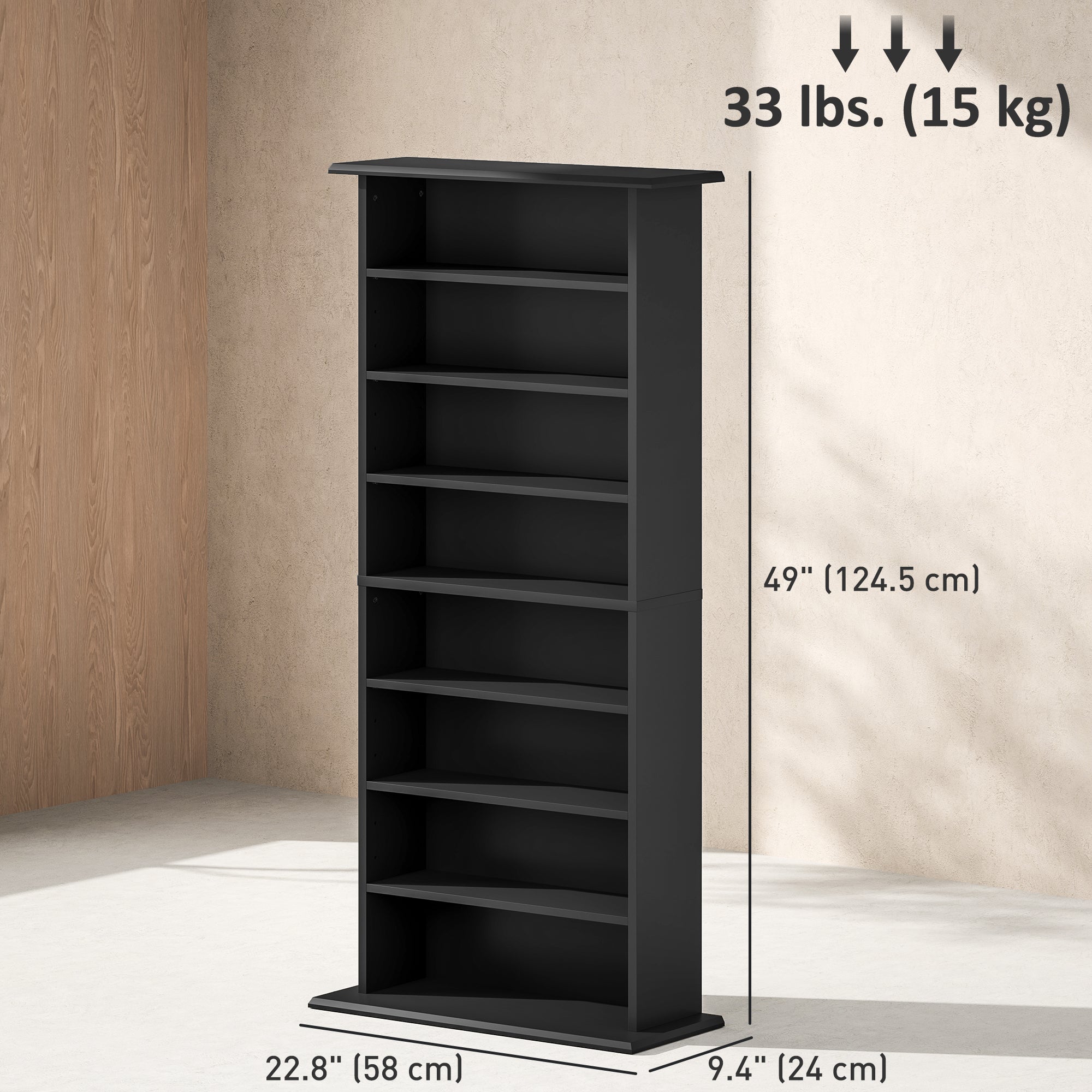HOMCOM Double Media Storage Cabinet, 8-Tier DVD Shelf with 6 Adjustable Shelves, 8 Compartments, Holds 360 CDs, 185 DVDs or 185 Blu-rays, Black
