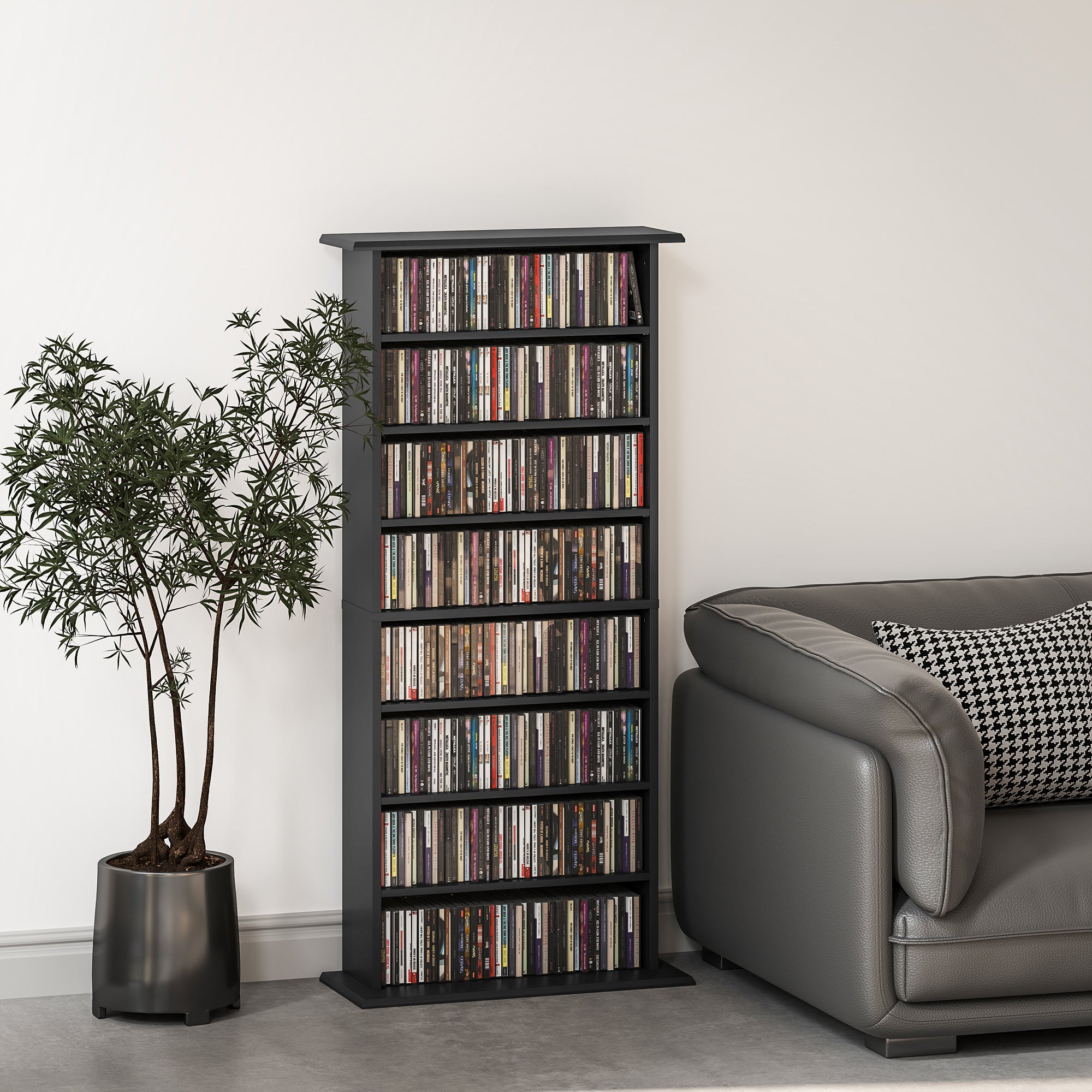 HOMCOM Double Media Storage Cabinet, 8-Tier DVD Shelf with 6 Adjustable Shelves, 8 Compartments, Holds 360 CDs, 185 DVDs or 185 Blu-rays, Black