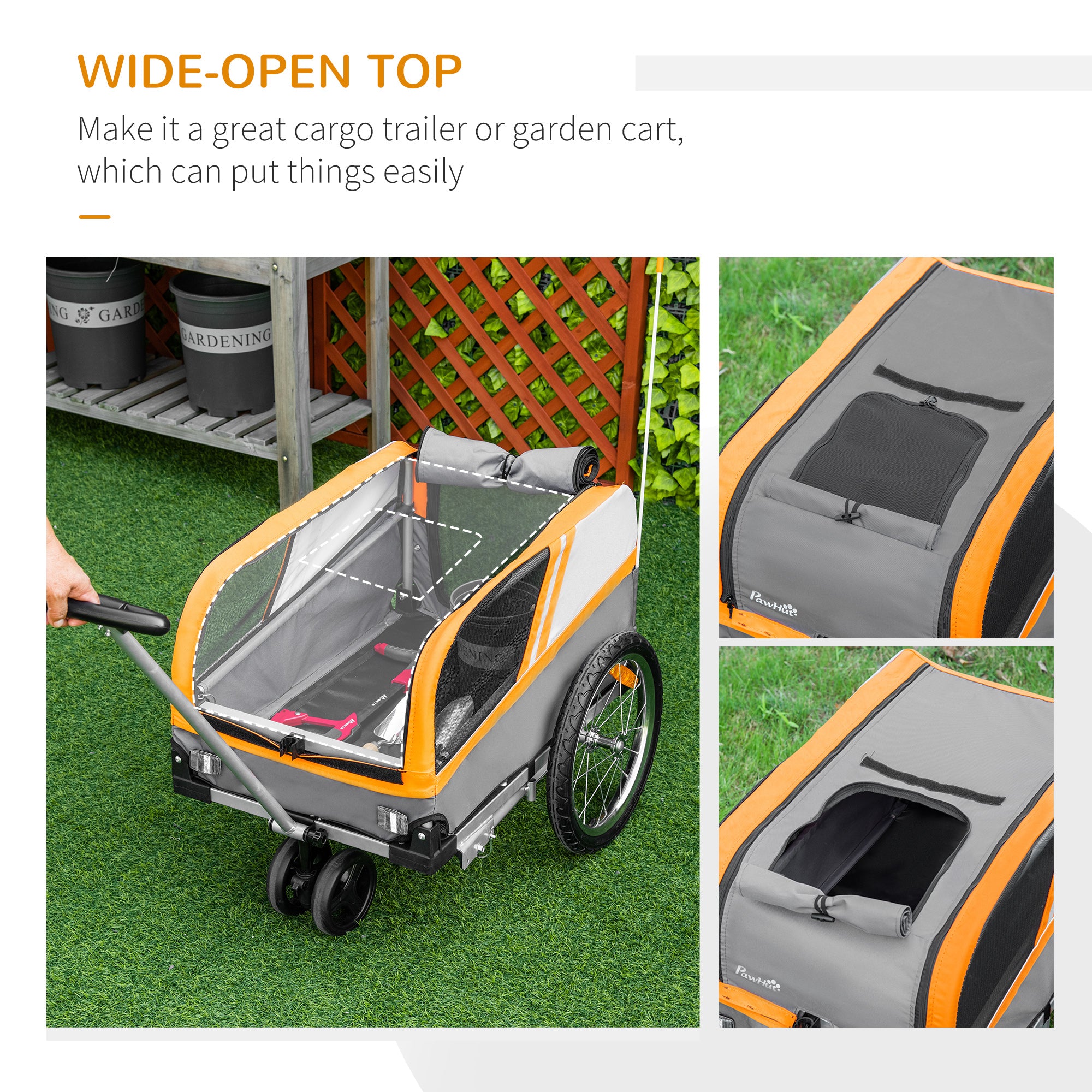 PawHut Dog Bike Trailer 2-in-1 Trolley Stroller Cart Bicycle Carrier for Cat Puppy Travel w/ Reflectors Hitch Coupler Red Flag - Orange