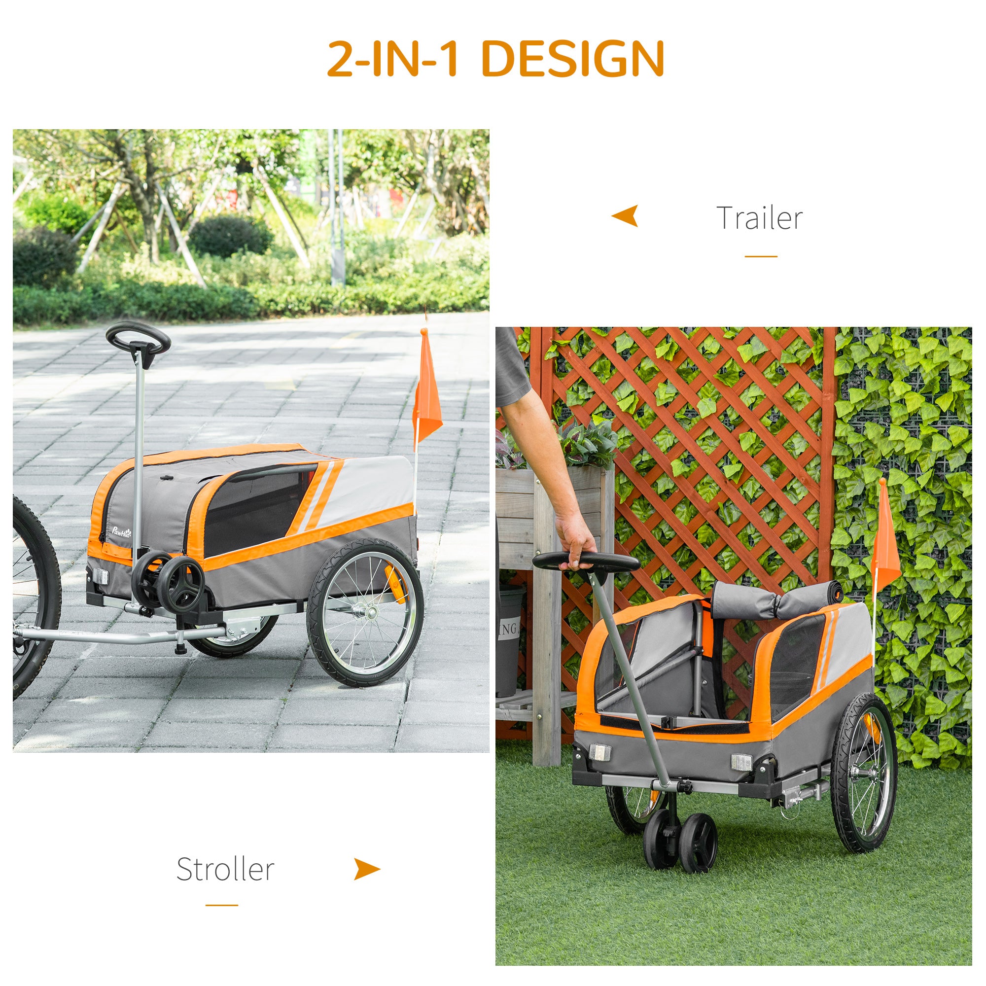 PawHut Dog Bike Trailer 2-in-1 Trolley Stroller Cart Bicycle Carrier for Cat Puppy Travel w/ Reflectors Hitch Coupler Red Flag - Orange
