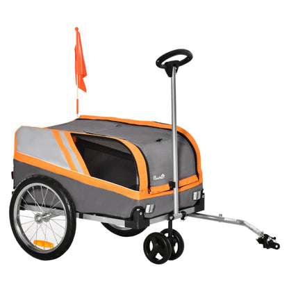 PawHut Dog Bike Trailer 2-in-1 Trolley Stroller Cart Bicycle Carrier for Cat Puppy Travel w/ Reflectors Hitch Coupler Red Flag - Orange