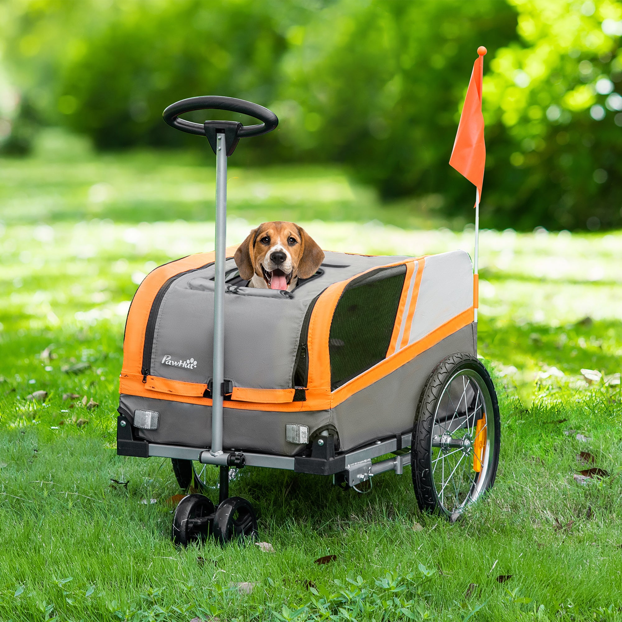 PawHut Dog Bike Trailer 2-in-1 Trolley Stroller Cart Bicycle Carrier for Cat Puppy Travel w/ Reflectors Hitch Coupler Red Flag - Orange
