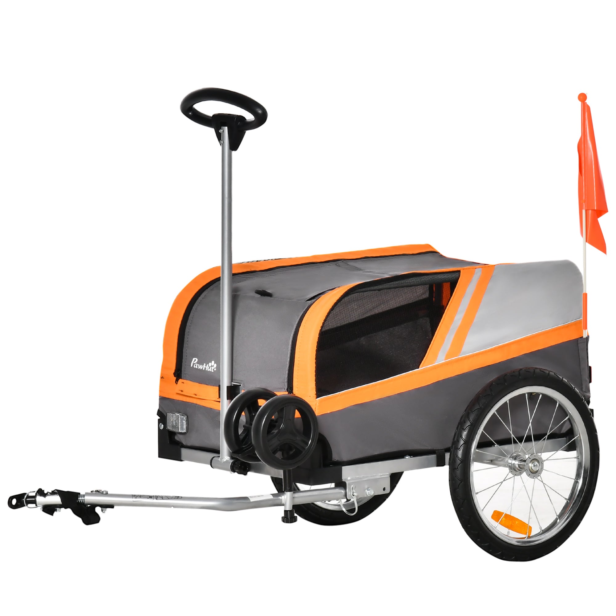 PawHut Dog Bike Trailer 2-in-1 Trolley Stroller Cart Bicycle Carrier for Cat Puppy Travel w/ Reflectors Hitch Coupler Red Flag - Orange