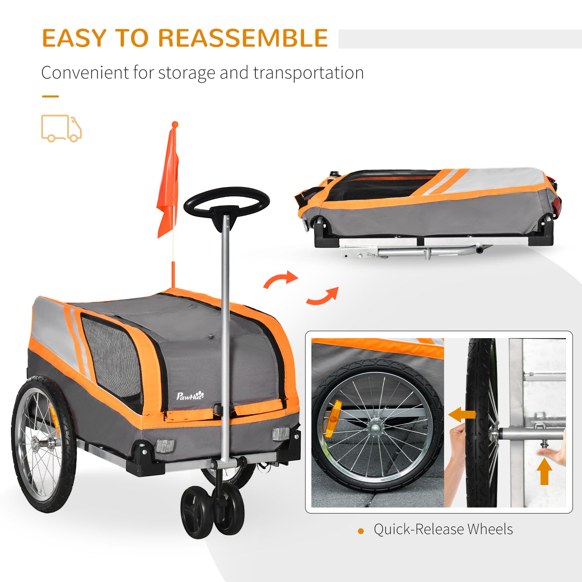 PawHut Dog Bike Trailer 2-in-1 Trolley Stroller Cart Bicycle Carrier for Cat Puppy Travel w/ Reflectors Hitch Coupler Red Flag - Orange