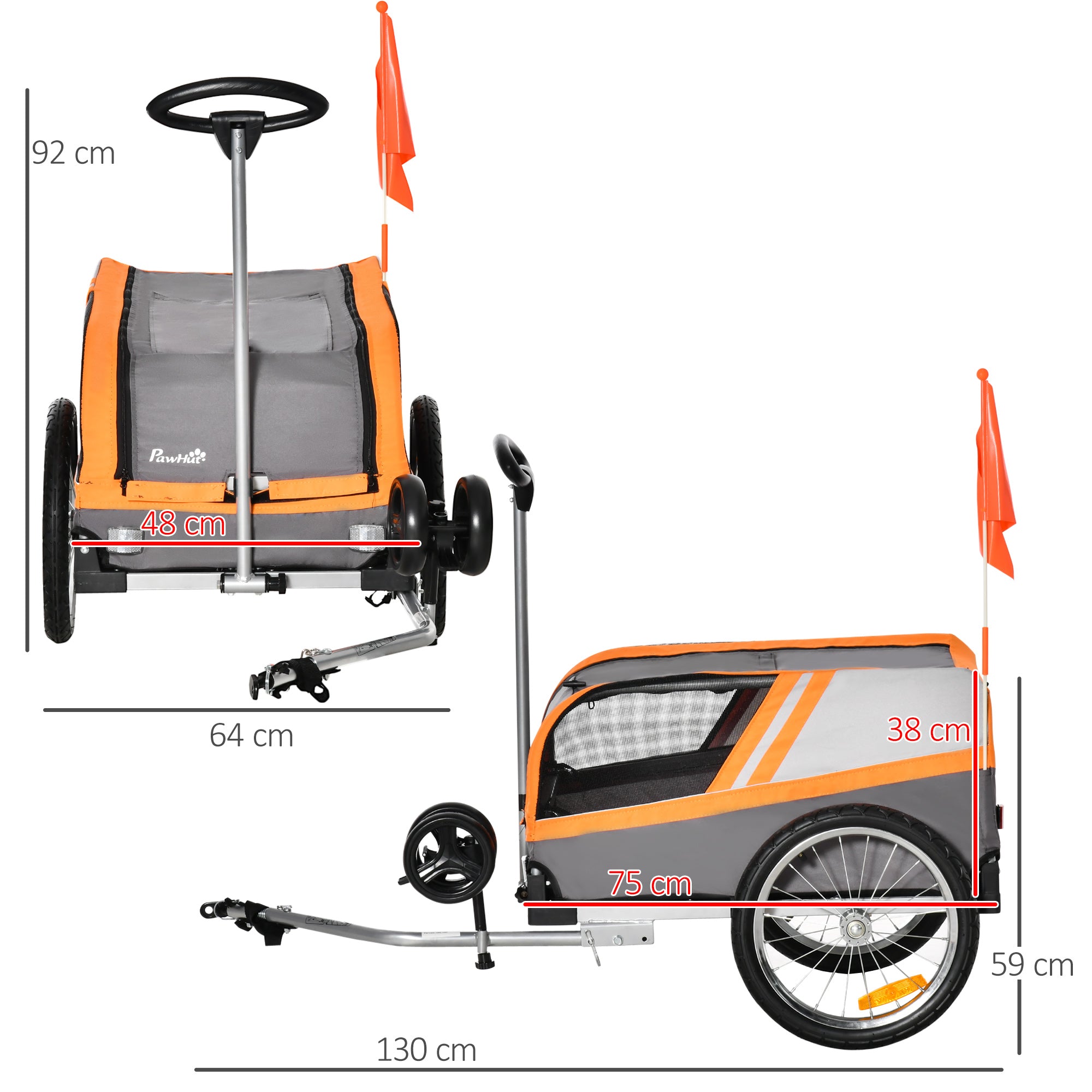 PawHut Dog Bike Trailer 2-in-1 Trolley Stroller Cart Bicycle Carrier for Cat Puppy Travel w/ Reflectors Hitch Coupler Red Flag - Orange