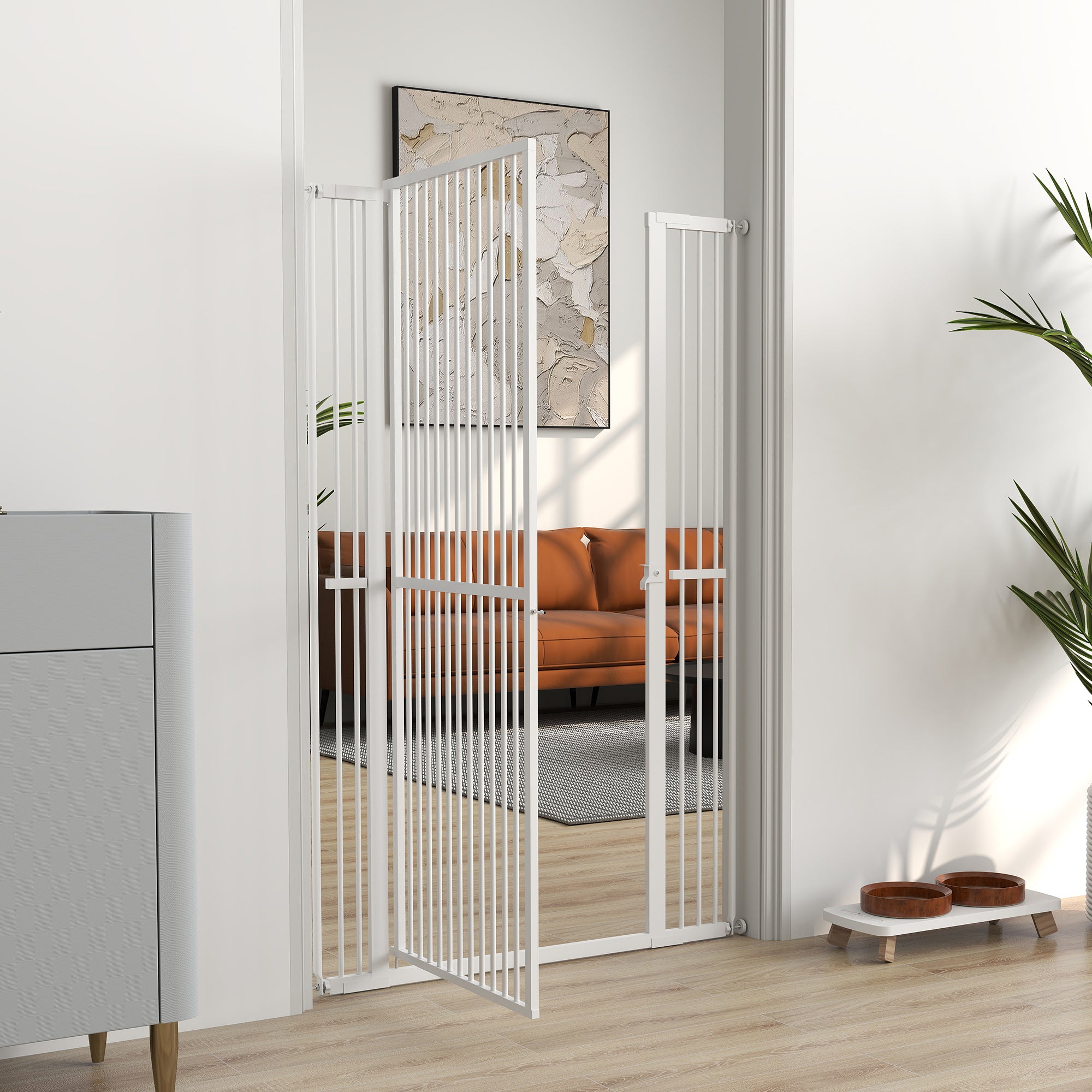 PawHut 59"H Extra Tall Cat Gate, 30"-41"W Steel Pet Gate for Doorway, Hallway, Pressure Mounted Kit No Drilling Dog Gate with 1.4" Extra Narrow Gap, 2.8" & 5.5" Extensions, White