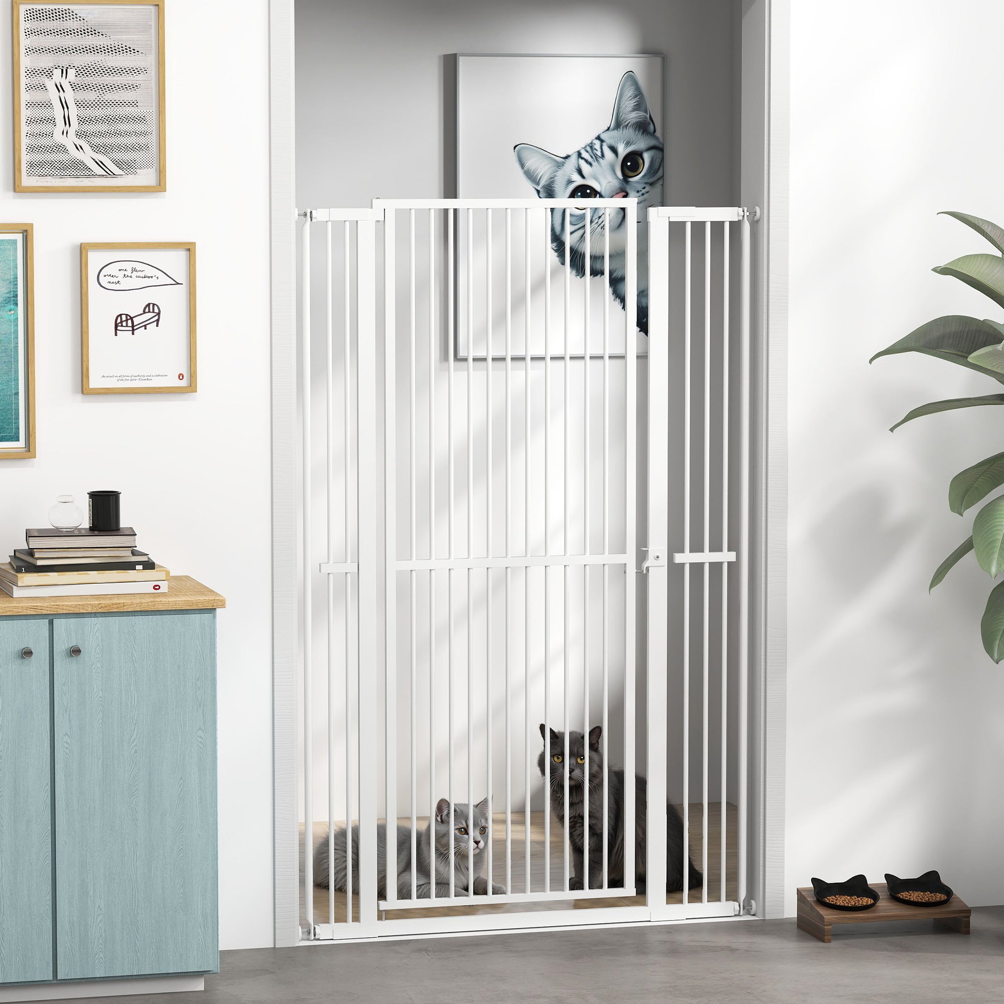 PawHut 59"H Extra Tall Cat Gate, 30"-41"W Steel Pet Gate for Doorway, Hallway, Pressure Mounted Kit No Drilling Dog Gate with 1.4" Extra Narrow Gap, 2.8" & 5.5" Extensions, White