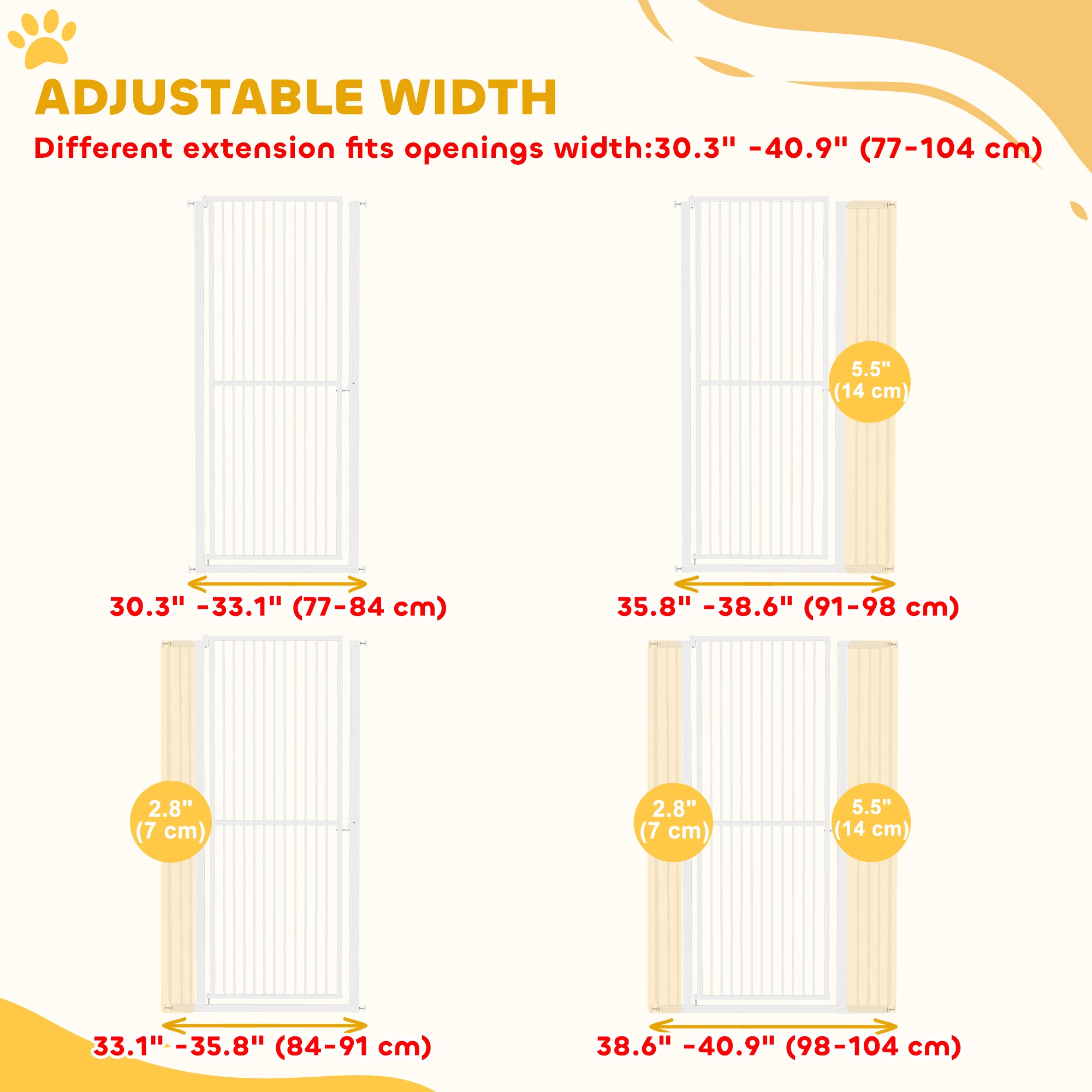 PawHut 59"H Extra Tall Cat Gate, 30"-41"W Steel Pet Gate for Doorway, Hallway, Pressure Mounted Kit No Drilling Dog Gate with 1.4" Extra Narrow Gap, 2.8" & 5.5" Extensions, White