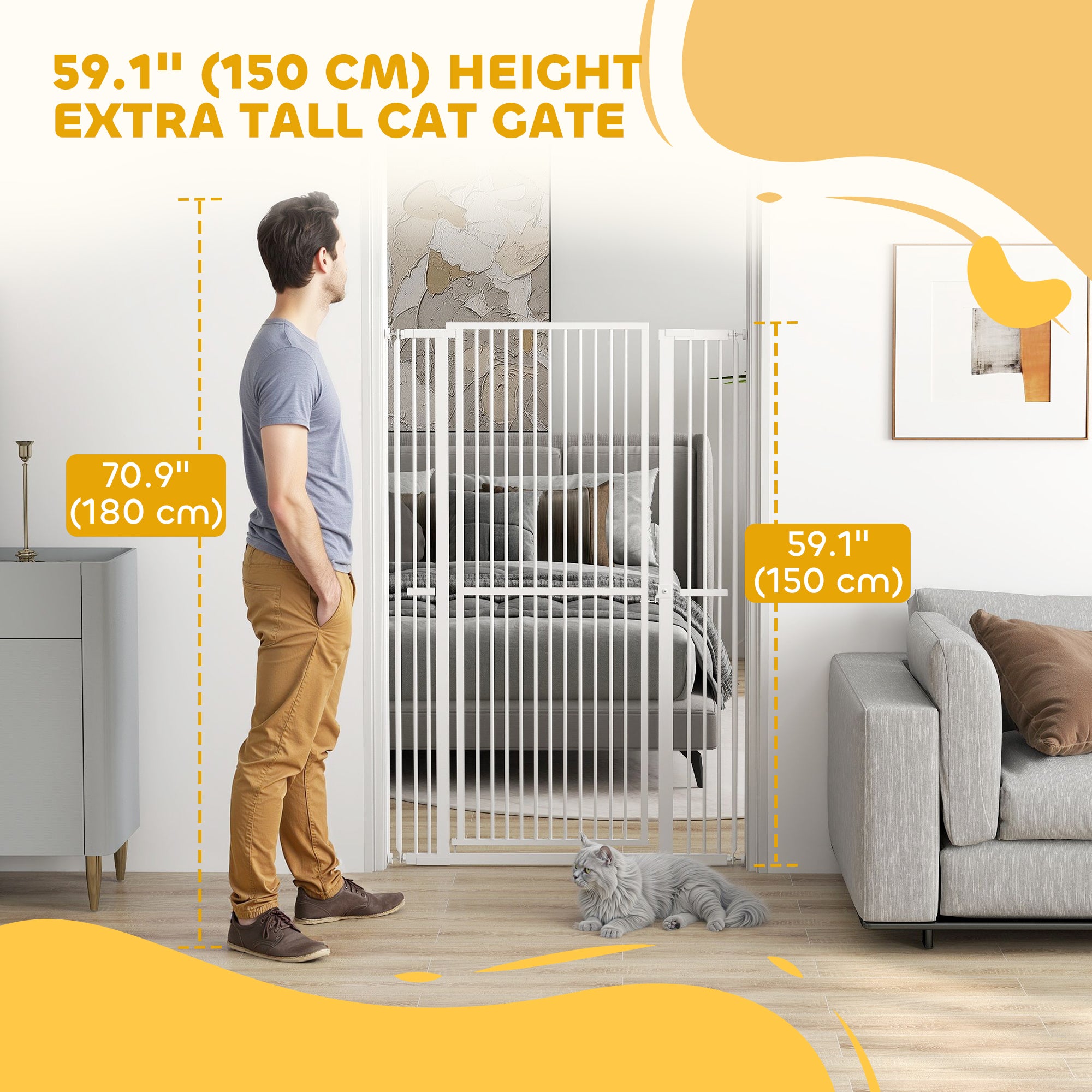 PawHut 59"H Extra Tall Cat Gate, 30"-41"W Steel Pet Gate for Doorway, Hallway, Pressure Mounted Kit No Drilling Dog Gate with 1.4" Extra Narrow Gap, 2.8" & 5.5" Extensions, White
