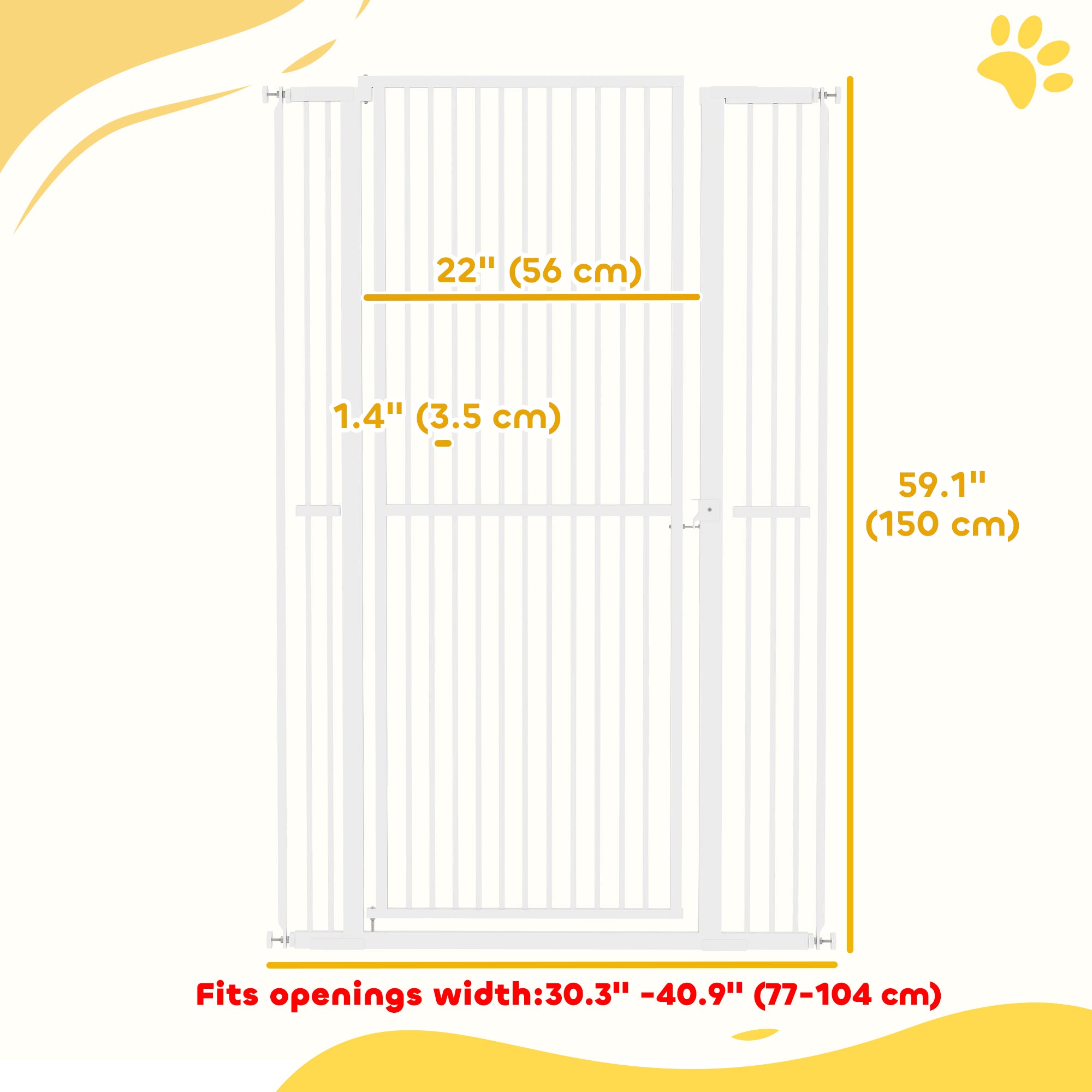 PawHut 59"H Extra Tall Cat Gate, 30"-41"W Steel Pet Gate for Doorway, Hallway, Pressure Mounted Kit No Drilling Dog Gate with 1.4" Extra Narrow Gap, 2.8" & 5.5" Extensions, White