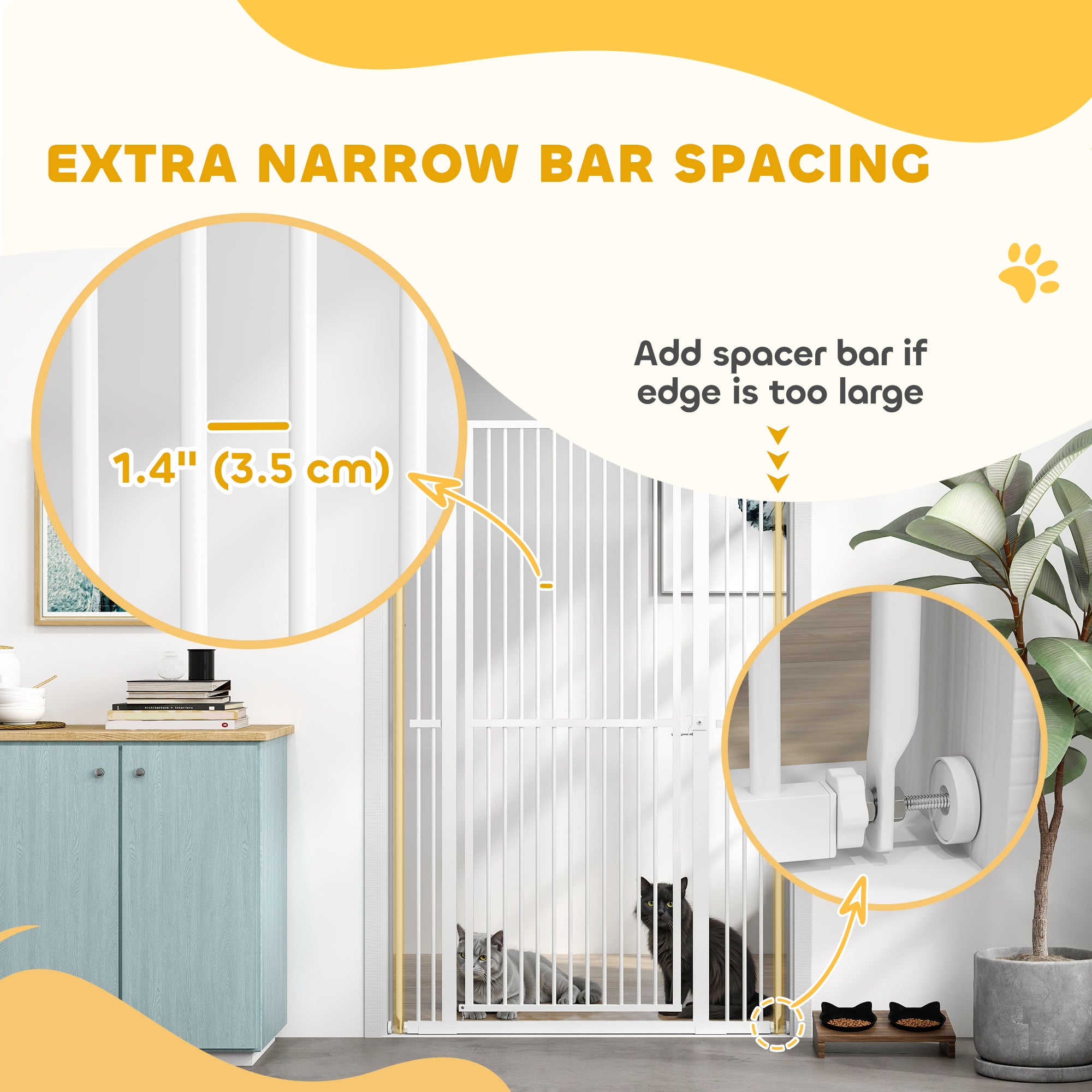 PawHut 59"H Extra Tall Cat Gate, 30"-41"W Steel Pet Gate for Doorway, Hallway, Pressure Mounted Kit No Drilling Dog Gate with 1.4" Extra Narrow Gap, 2.8" & 5.5" Extensions, White