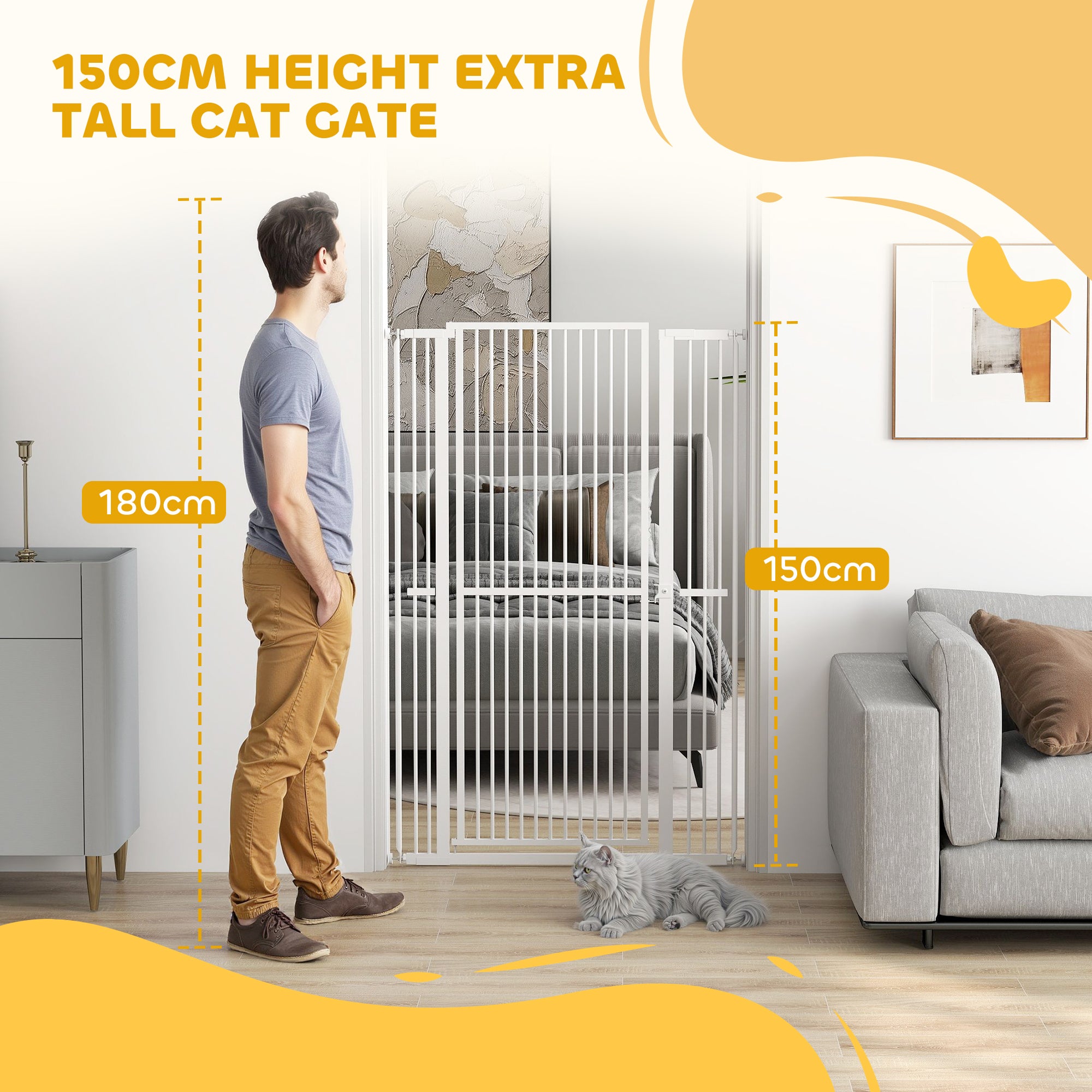 PawHut 59"H Extra Tall Cat Gate, 30"-41"W Steel Pet Gate for Doorway, Hallway, Pressure Mounted Kit No Drilling Dog Gate with 1.4" Extra Narrow Gap, 2.8" & 5.5" Extensions, White