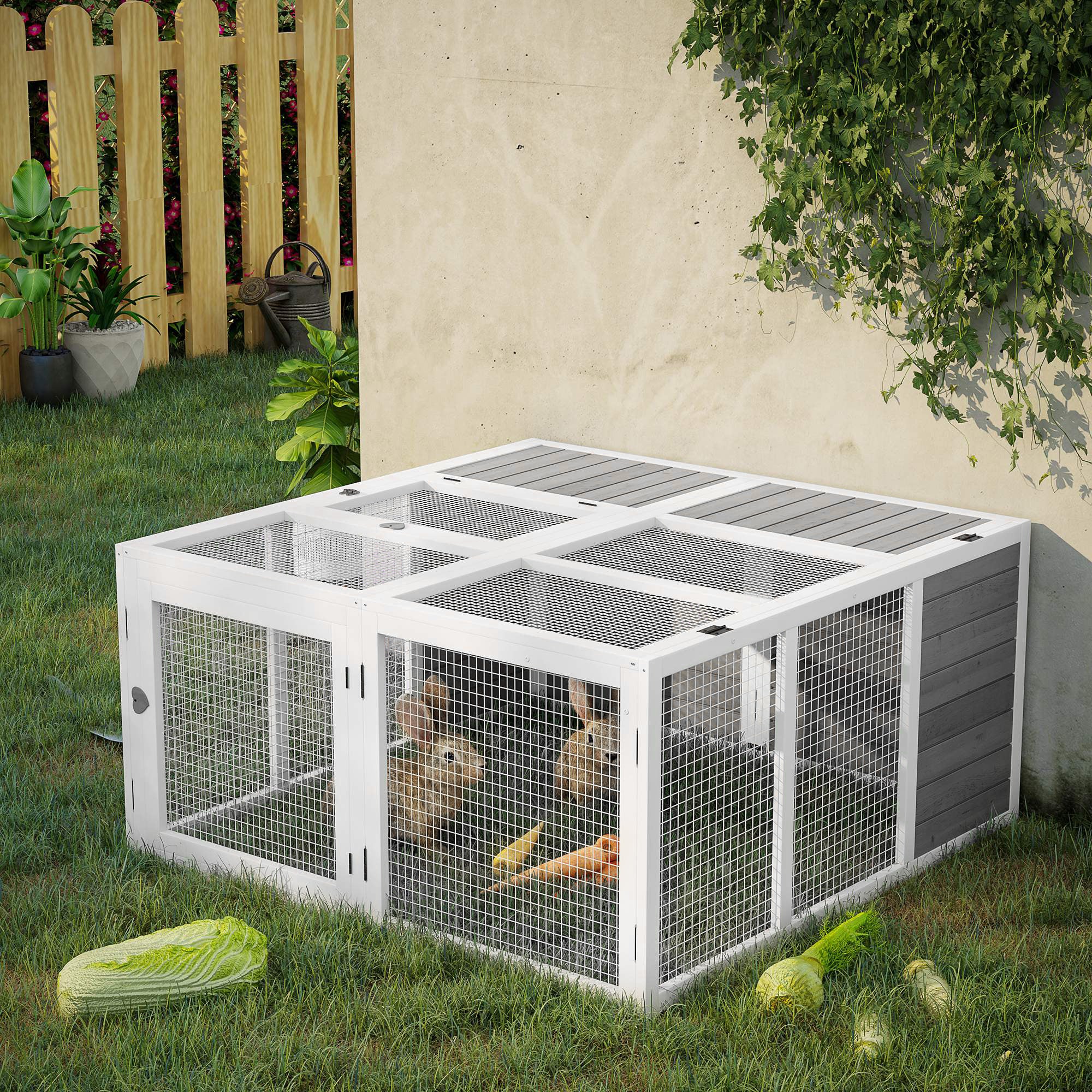 PawHut Rabbit Hutch, Wooden Guinea Pig Hutch Bunny Cage with Openable Foldable Top, Door, for 1-4 Rabbits, for Backyard, Garden, Outdoor, Grey