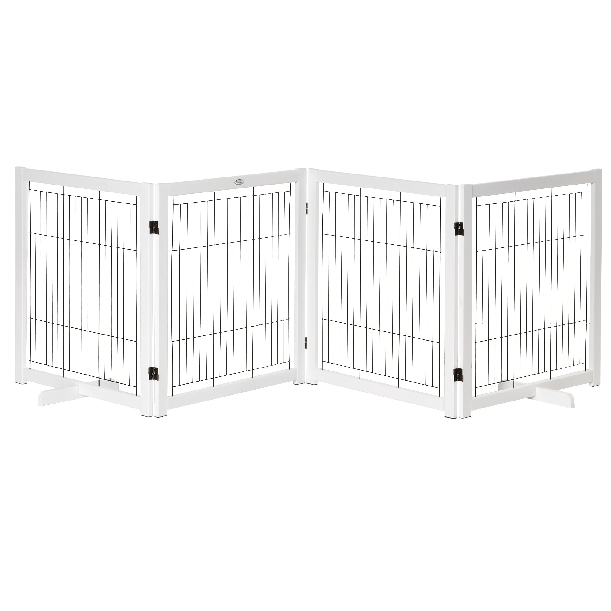 PawHut Wooden Dog Gate Foldable Pet Fence for Small & Medium Dogs 4 Panel with Support Feet Freestanding Safety Barrier for House Doorway Stairs White