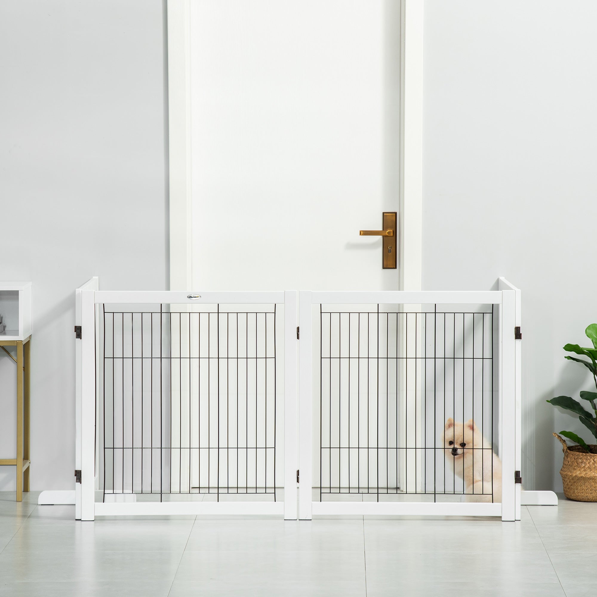 PawHut Wooden Dog Gate Foldable Pet Fence for Small & Medium Dogs 4 Panel with Support Feet Freestanding Safety Barrier for House Doorway Stairs White
