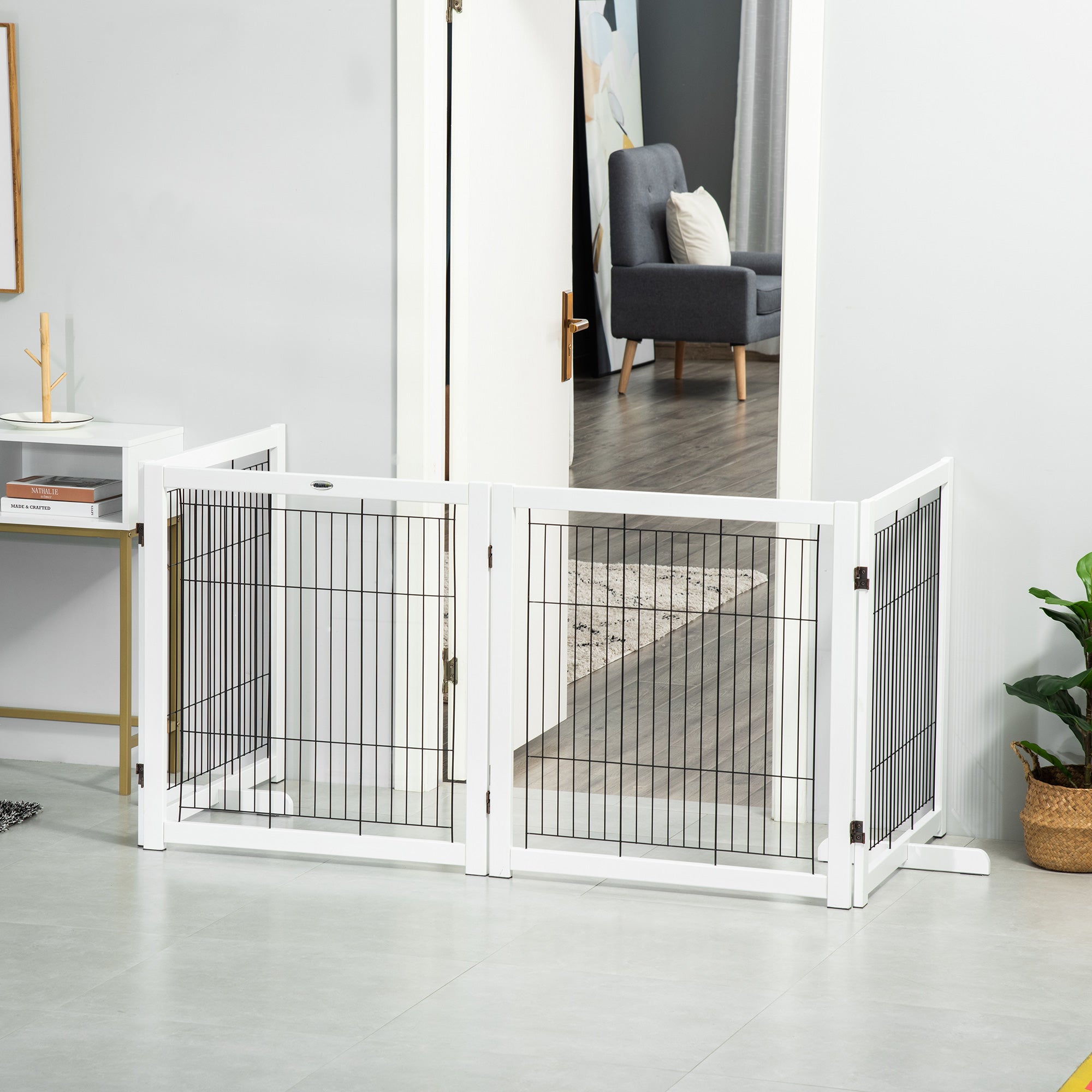 PawHut Wooden Dog Gate Foldable Pet Fence for Small & Medium Dogs 4 Panel with Support Feet Freestanding Safety Barrier for House Doorway Stairs White