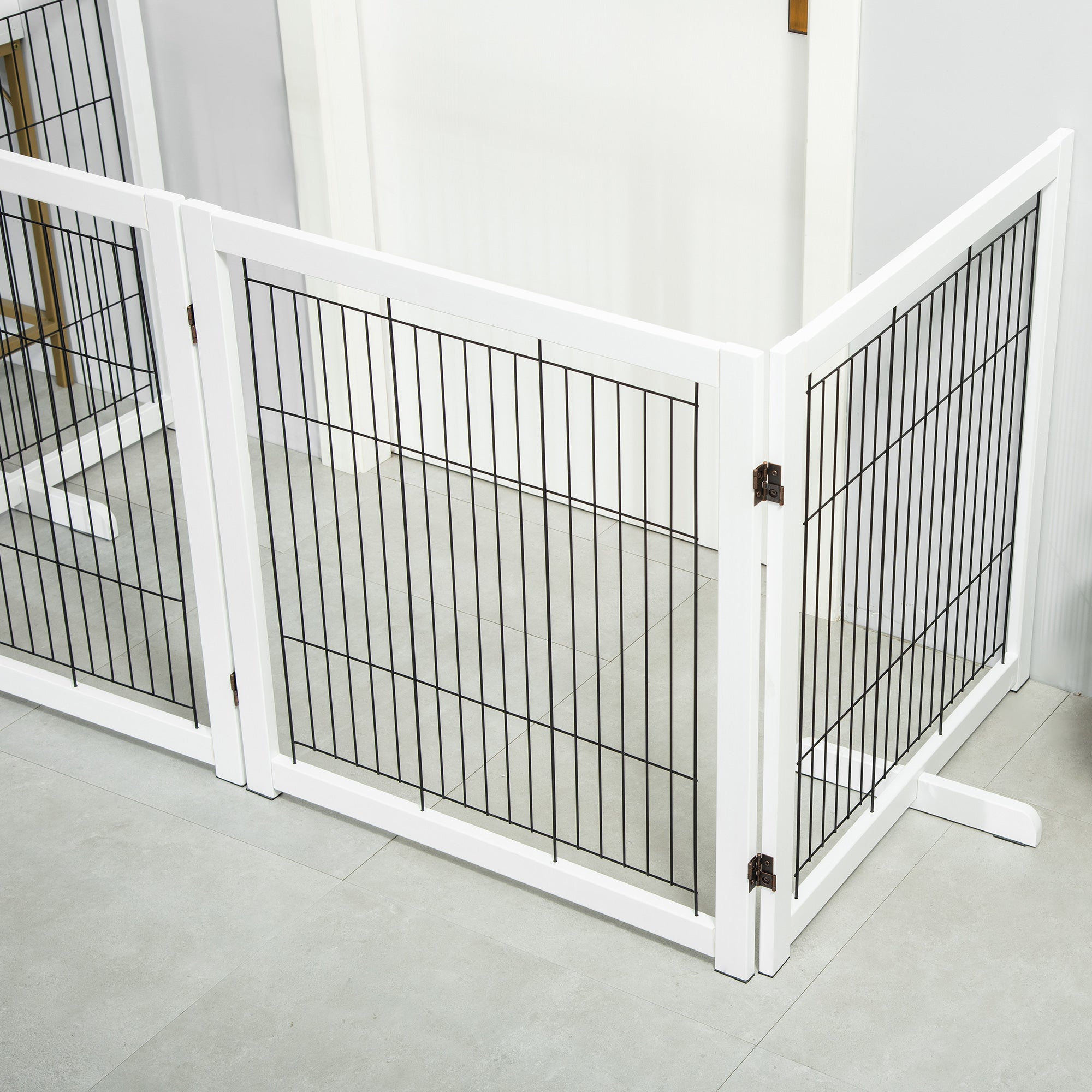 PawHut Wooden Dog Gate Foldable Pet Fence for Small & Medium Dogs 4 Panel with Support Feet Freestanding Safety Barrier for House Doorway Stairs White