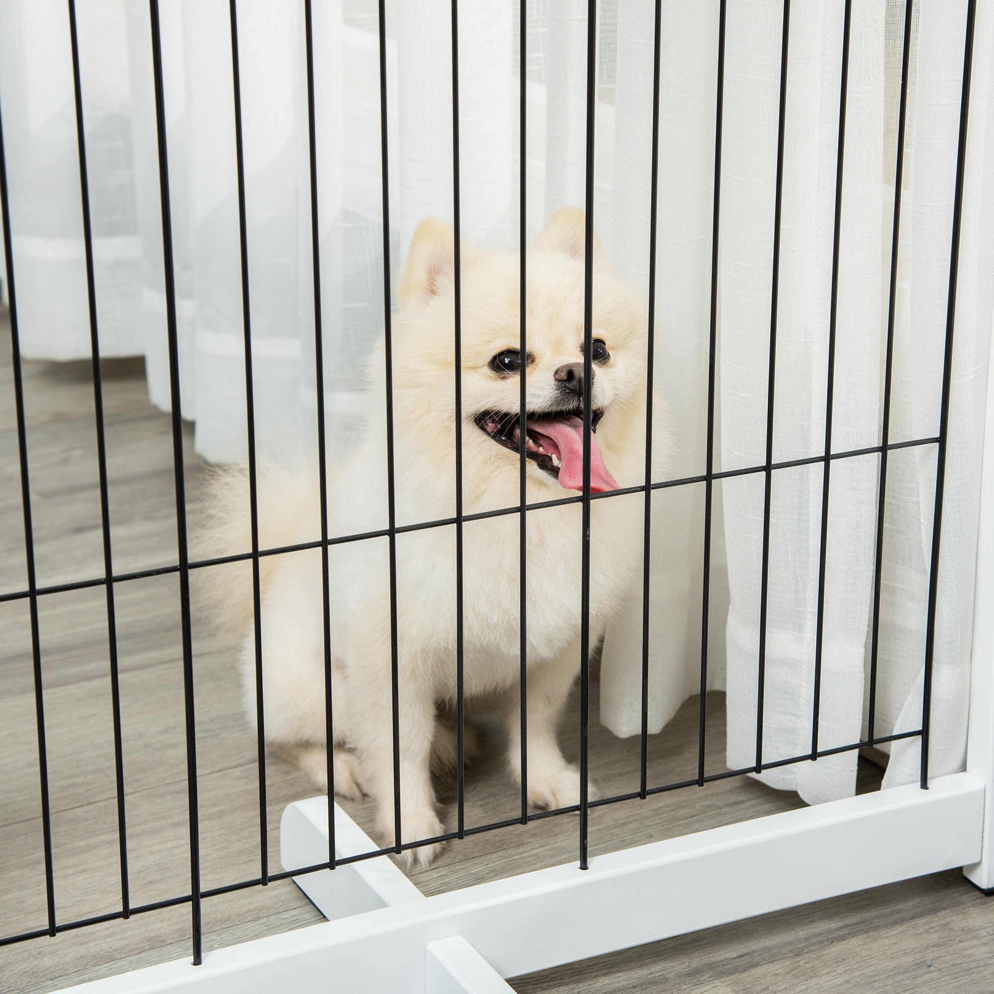 PawHut Wooden Dog Gate Foldable Pet Fence for Small & Medium Dogs 4 Panel with Support Feet Freestanding Safety Barrier for House Doorway Stairs White