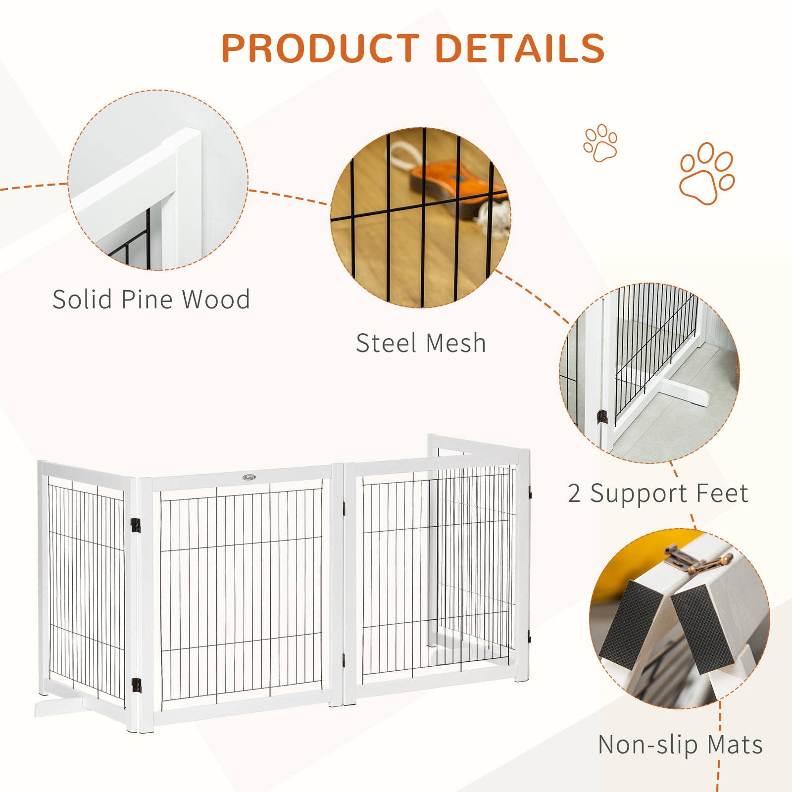 PawHut Wooden Dog Gate Foldable Pet Fence for Small & Medium Dogs 4 Panel with Support Feet Freestanding Safety Barrier for House Doorway Stairs White