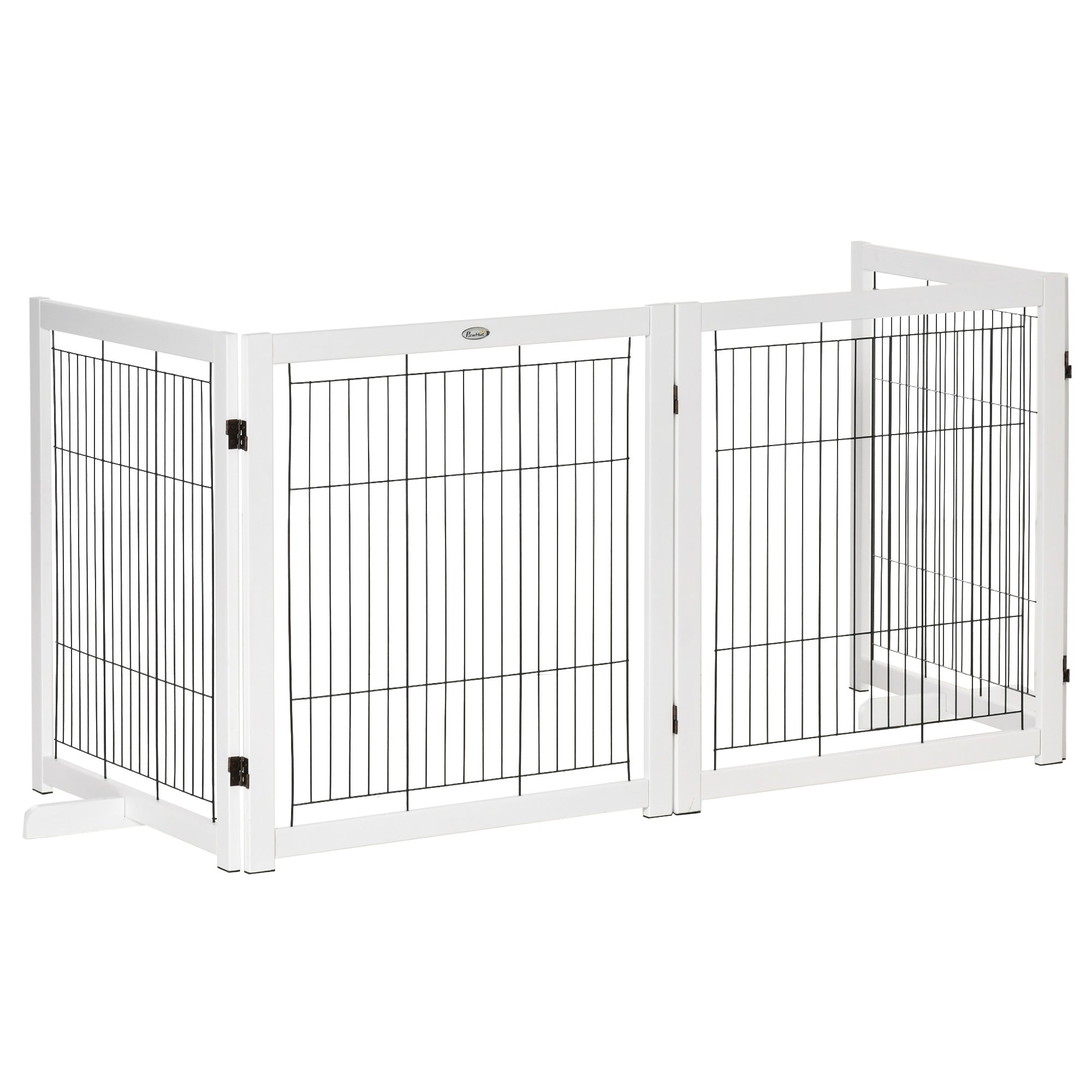 PawHut Wooden Dog Gate Foldable Pet Fence for Small & Medium Dogs 4 Panel with Support Feet Freestanding Safety Barrier for House Doorway Stairs White