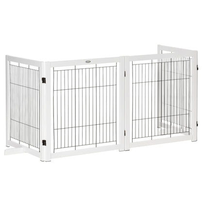 PawHut Wooden Dog Gate Foldable Pet Fence for Small & Medium Dogs 4 Panel with Support Feet Freestanding Safety Barrier for House Doorway Stairs White