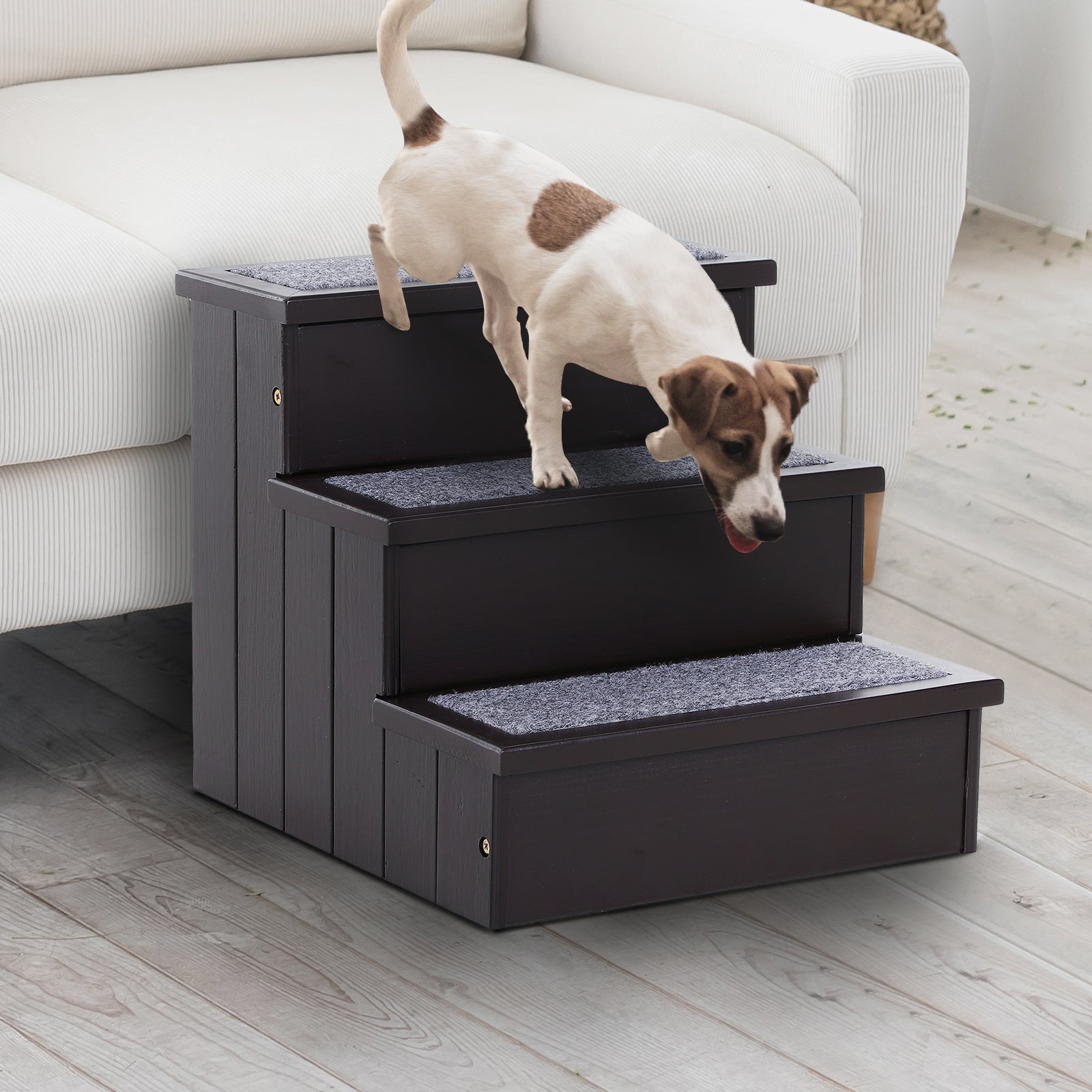 PawHut 3 Step Wooden Carpeted Non Slip Pet Stairs Ramp for Cats and Small Dogs - Brown