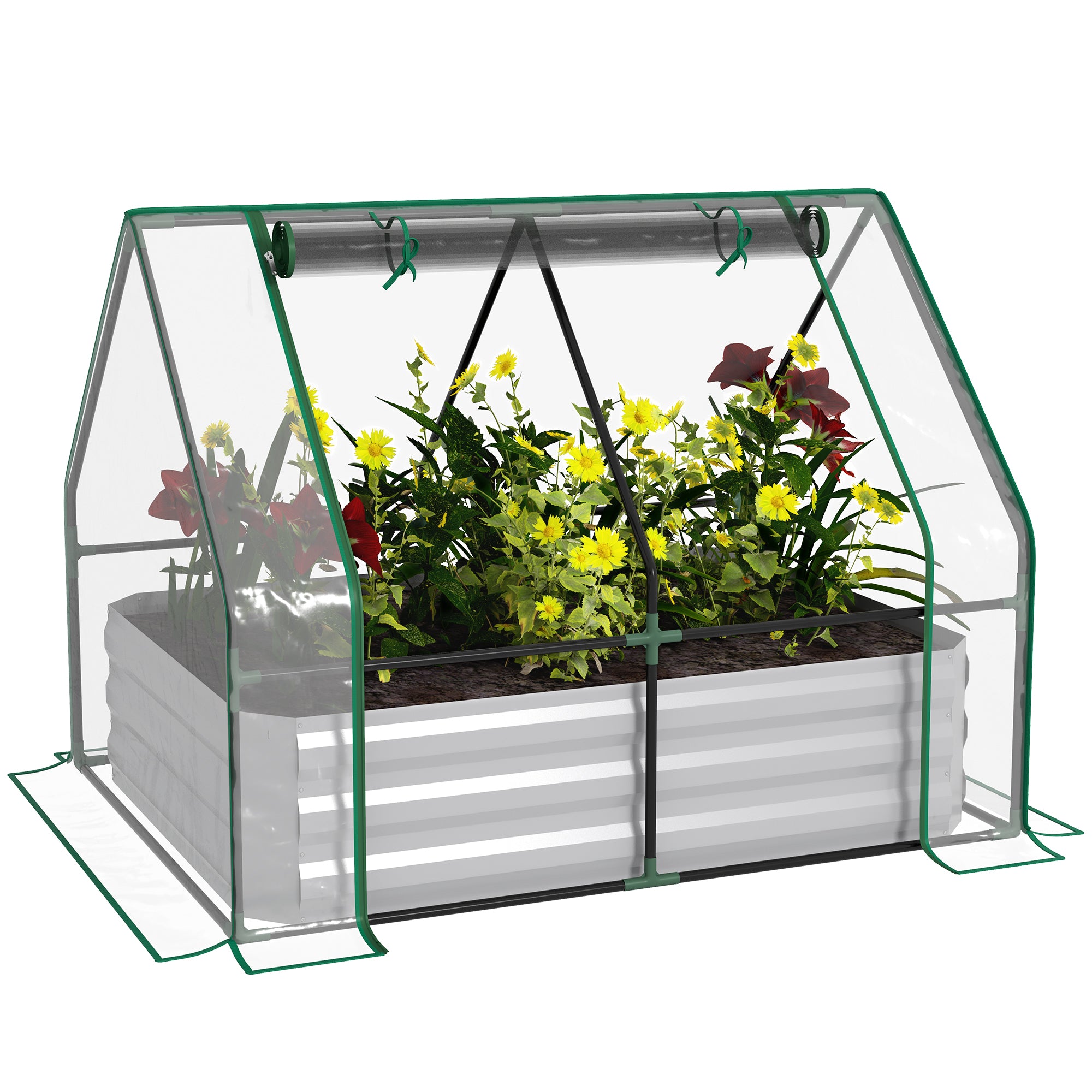 Outsunny Greenhouse with Raised Garden Bed, Steel Outdoor Planter Box, Roll Up Door, Dual Use for Flowers Vegetables Fruits Herbs, 50