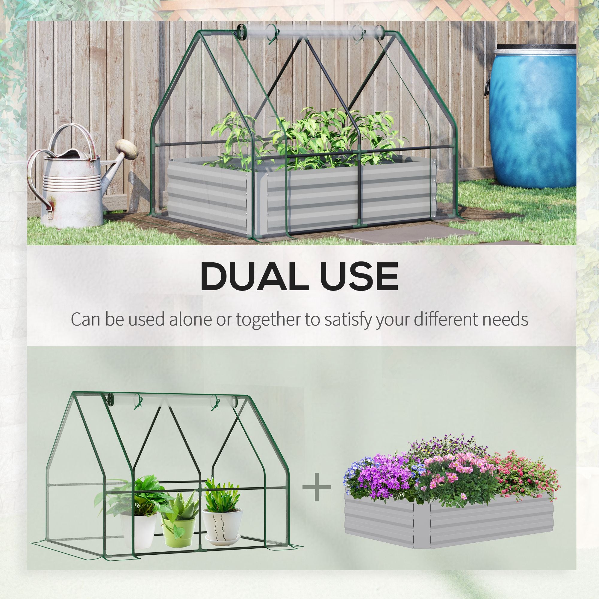 Outsunny Greenhouse with Raised Garden Bed, Steel Outdoor Planter Box, Roll Up Door, Dual Use for Flowers Vegetables Fruits Herbs, 50"x37.4"x36.2", Clear