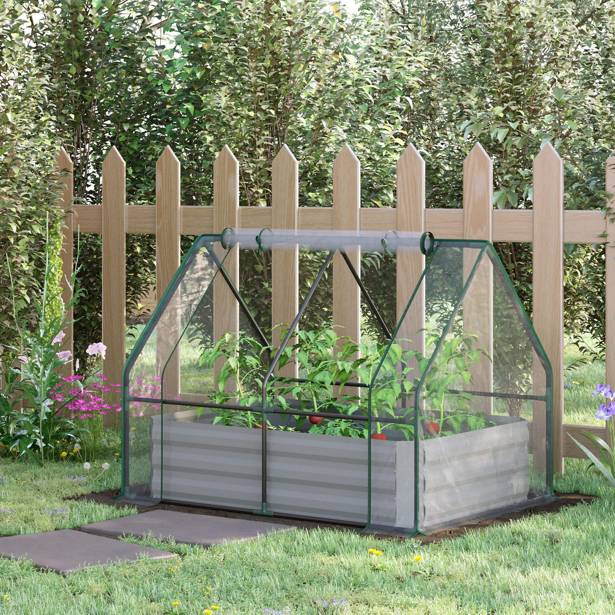Outsunny Greenhouse with Raised Garden Bed, Steel Outdoor Planter Box, Roll Up Door, Dual Use for Flowers Vegetables Fruits Herbs, 50