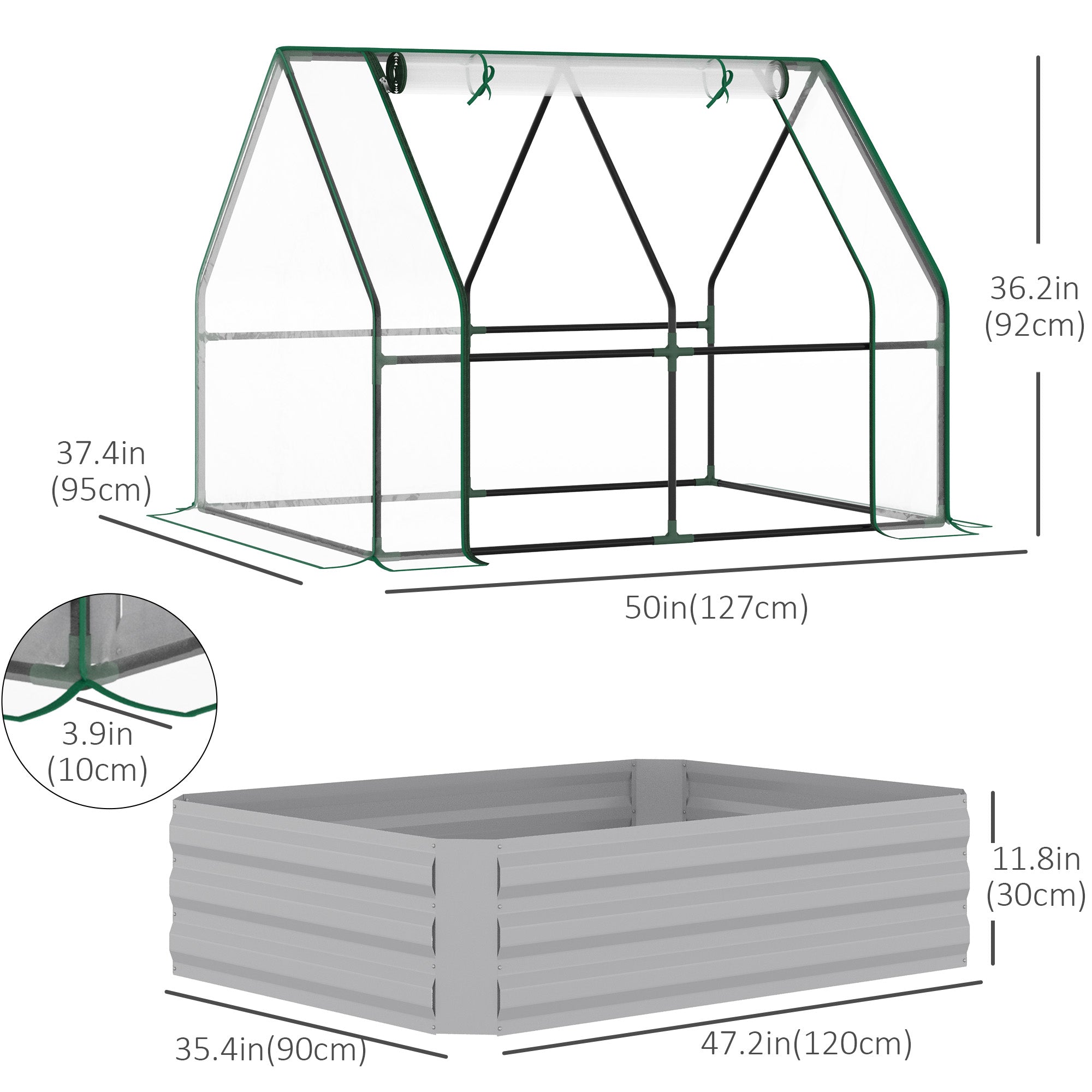 Outsunny Greenhouse with Raised Garden Bed, Steel Outdoor Planter Box, Roll Up Door, Dual Use for Flowers Vegetables Fruits Herbs, 50"x37.4"x36.2", Clear