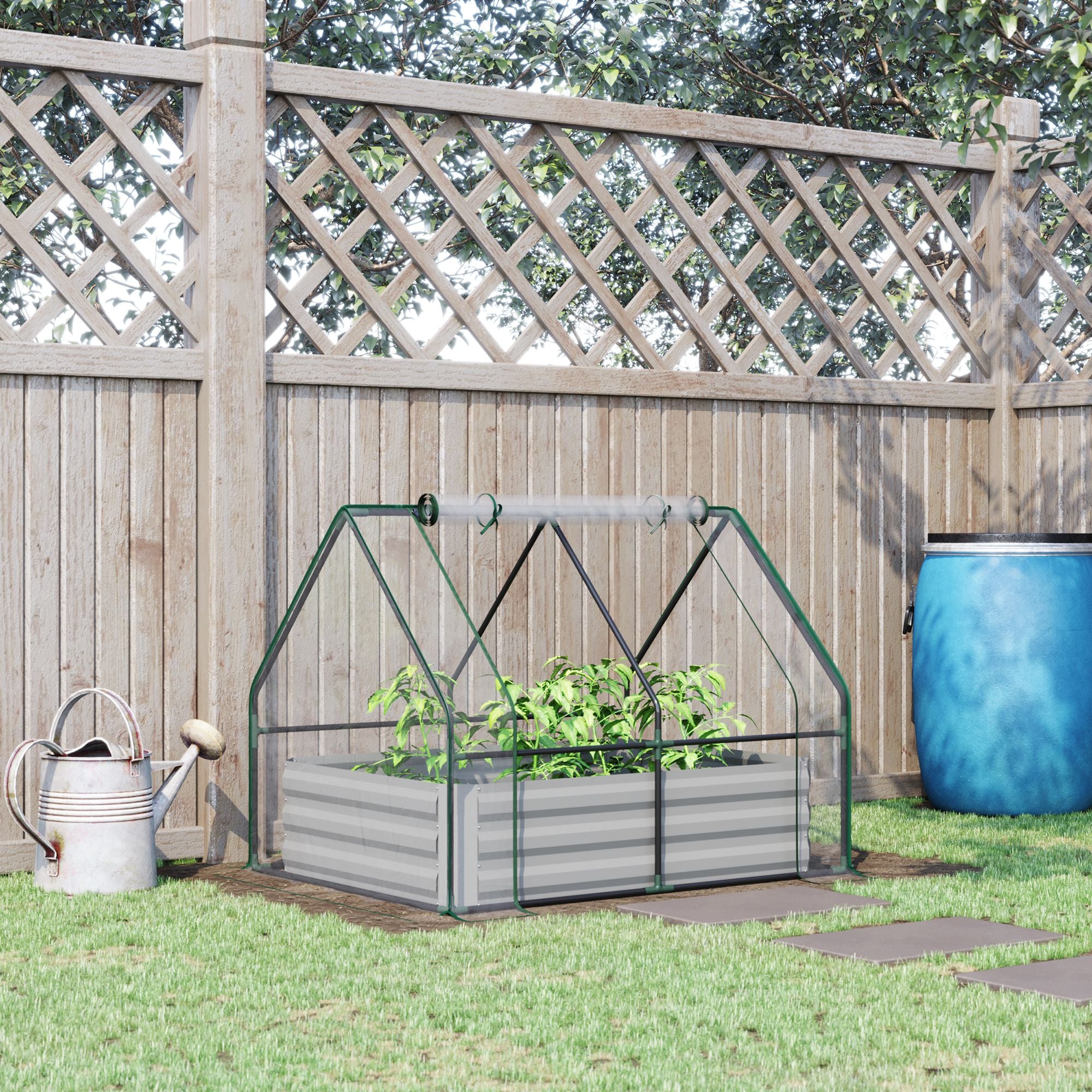 Outsunny Greenhouse with Raised Garden Bed, Steel Outdoor Planter Box, Roll Up Door, Dual Use for Flowers Vegetables Fruits Herbs, 50