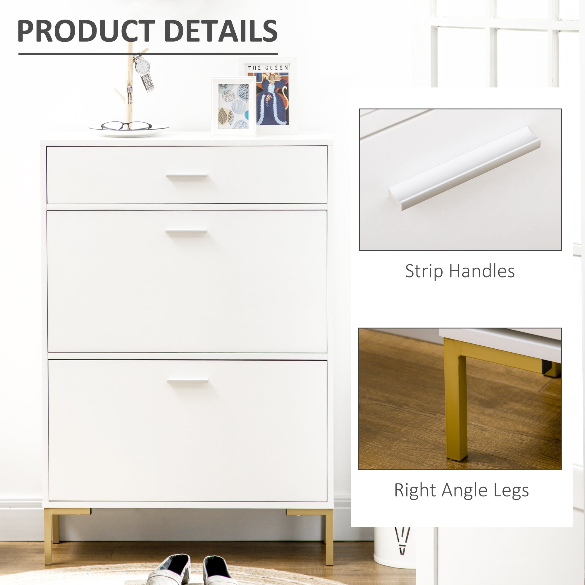 HOMCOM Modern Shoe Cabinet with 2 Flip Doors, Drawer and Adjustable Shelf, 12 Pair Shoe Storage Cabinet for Entryway, Hallway, White