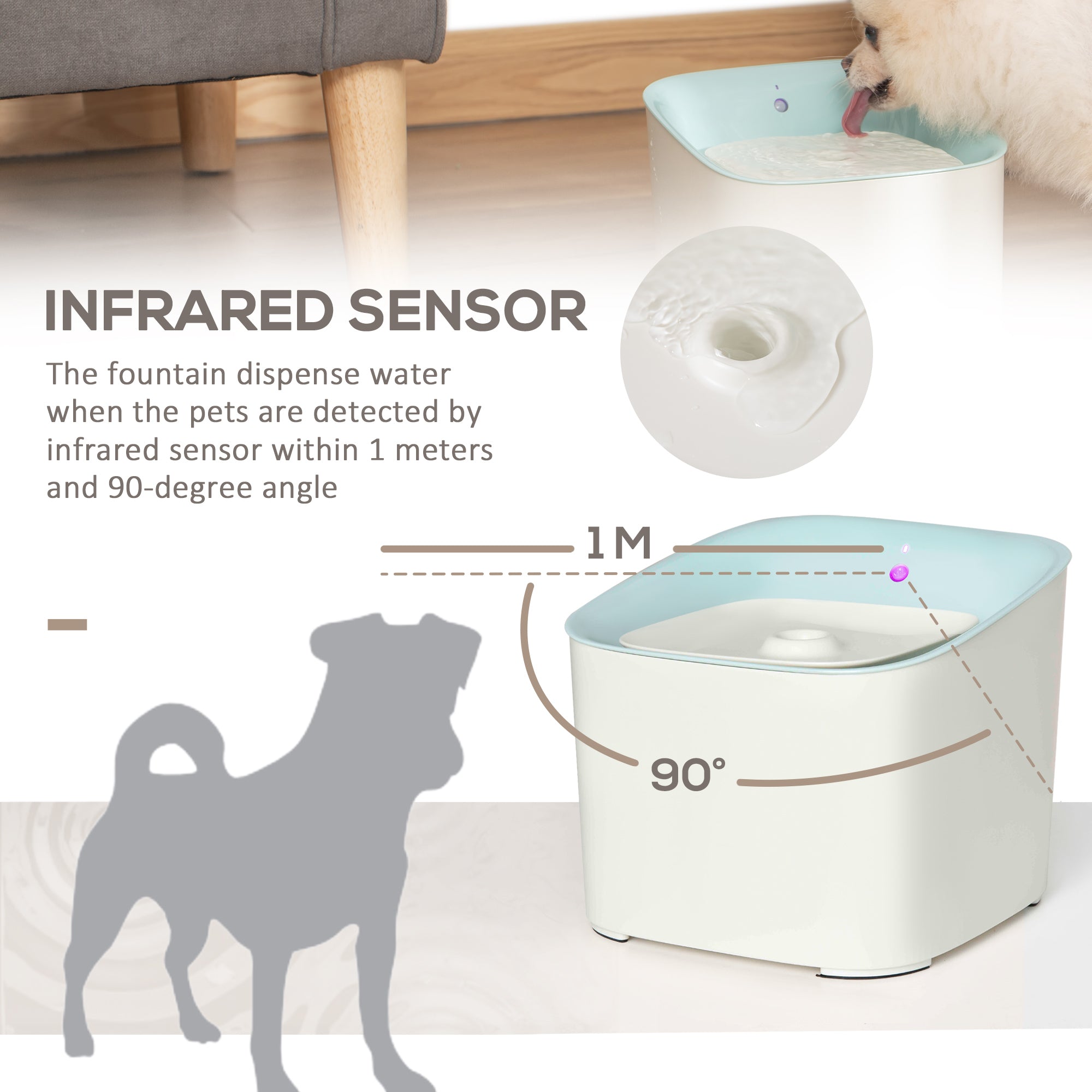 PawHut Cat Water Fountain 3L Automatic Pet Water Dispenser with Filter Three Modes and LED Indicator for Dogs and Cats - Blue