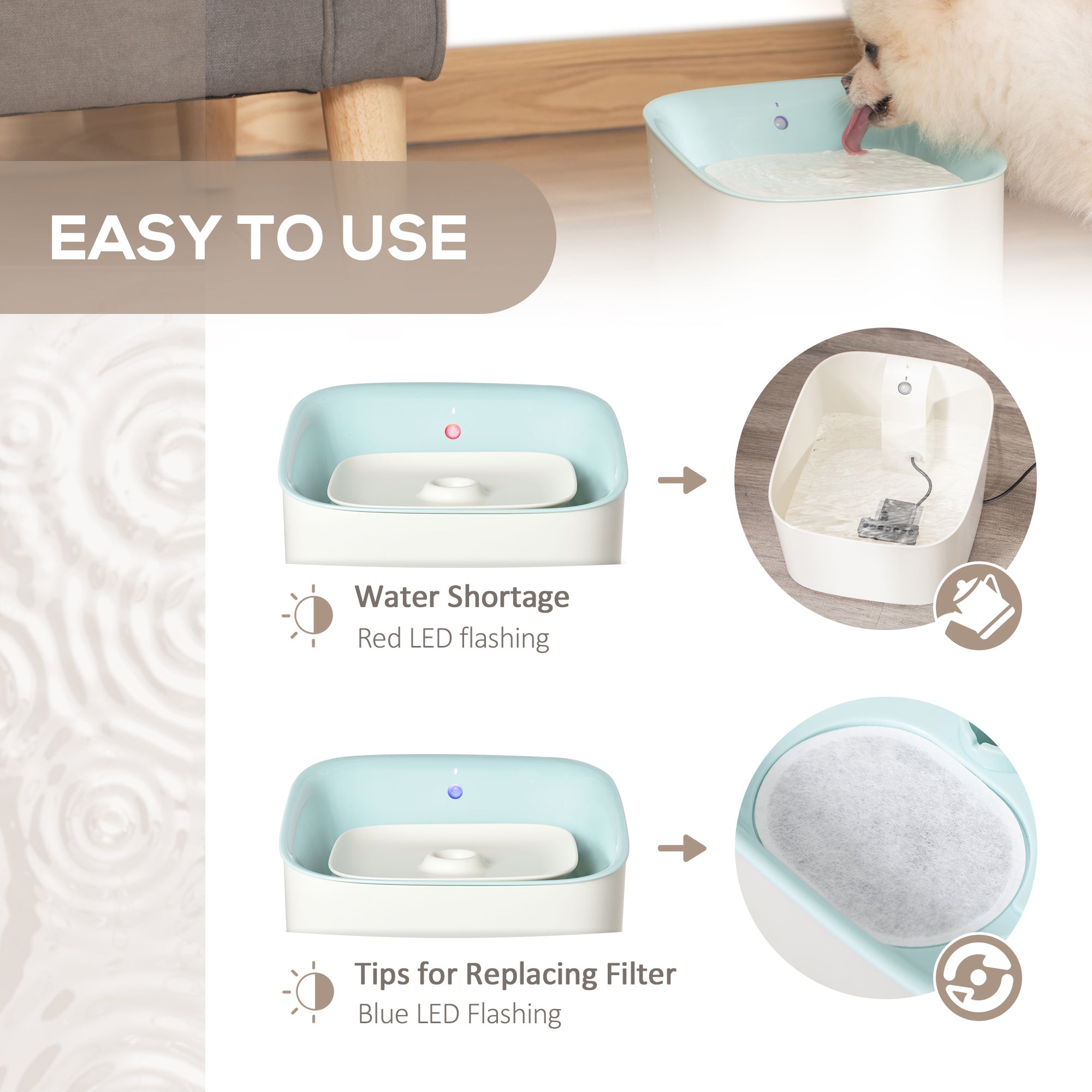 PawHut Cat Water Fountain 3L Automatic Pet Water Dispenser with Filter Three Modes and LED Indicator for Dogs and Cats - Blue