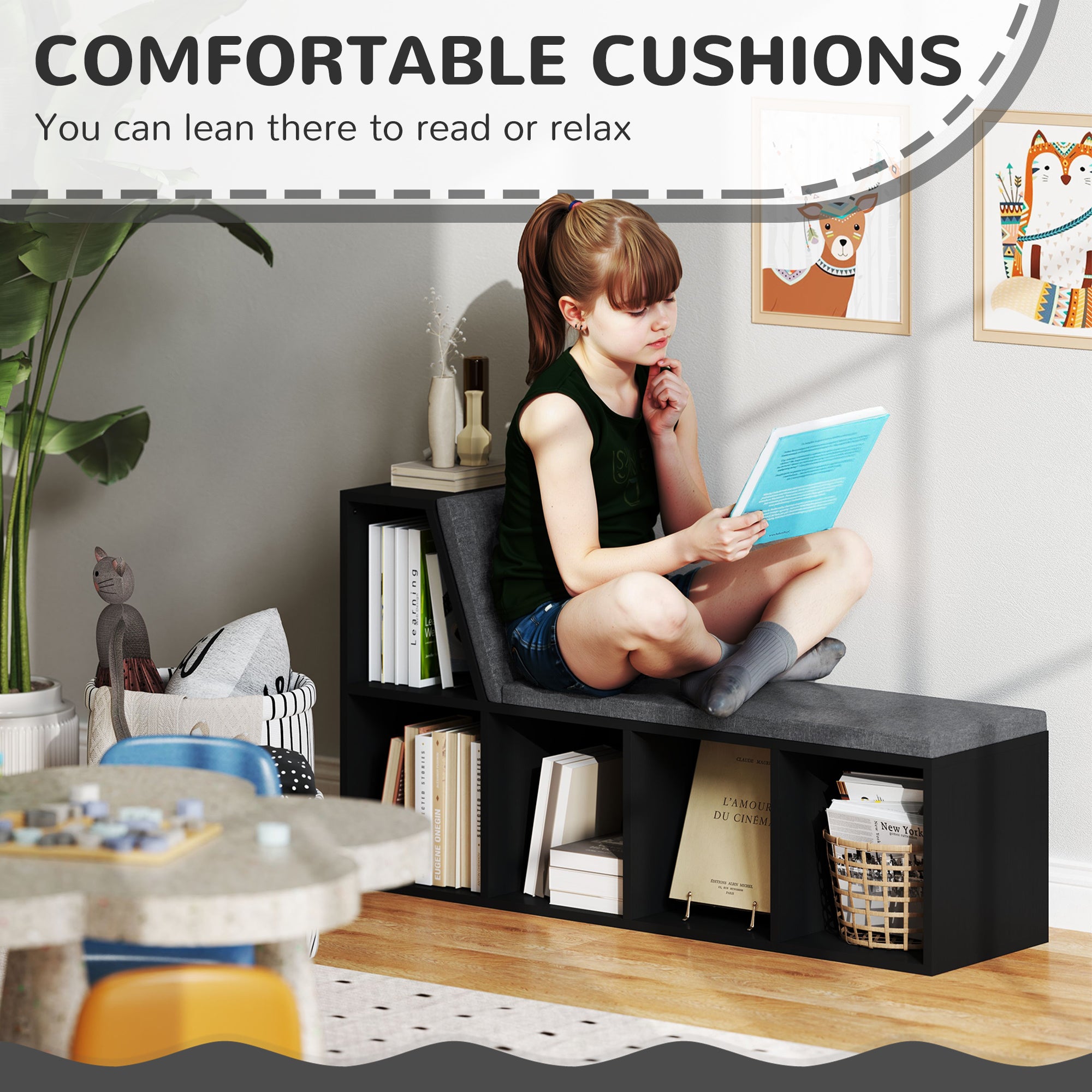 HOMCOM Bookshelf with Reading Nook, Bookcase with Seat Cushion, 5 Cube Storage Shelf for Home Office, Study, Distressed Black