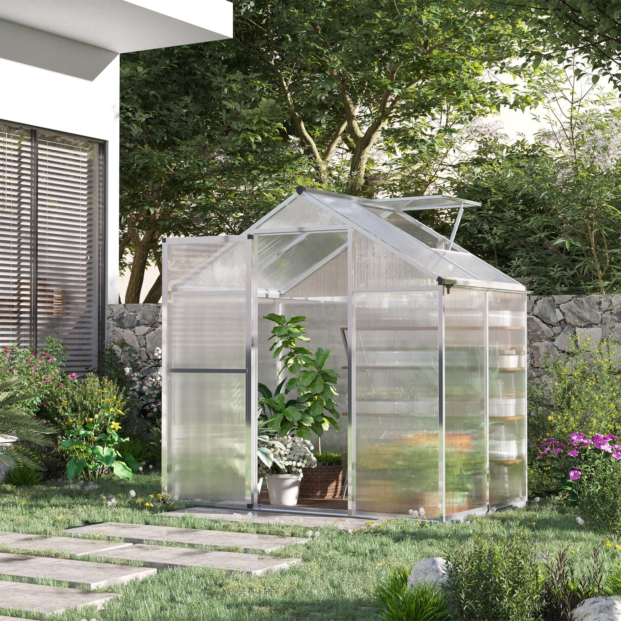 Outsunny 6' x 4' x 6.4' Walk-in Garden Greenhouse Polycarbonate Panels Plants Flower Growth Shed Cold Frame Outdoor Portable Warm House Aluminum Frame, Silver