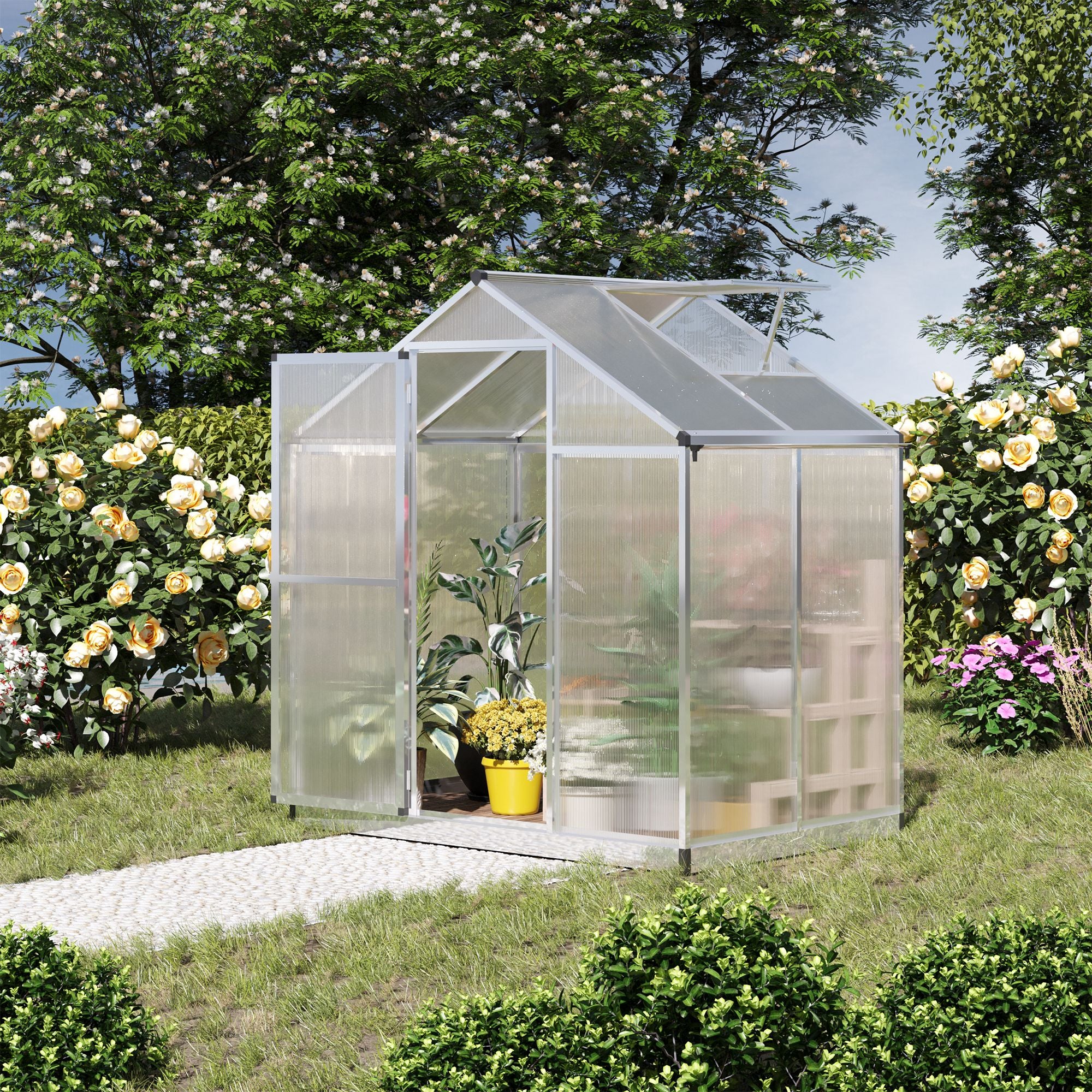Outsunny 6' x 4' x 6.4' Walk-in Garden Greenhouse Polycarbonate Panels Plants Flower Growth Shed Cold Frame Outdoor Portable Warm House Aluminum Frame, Silver