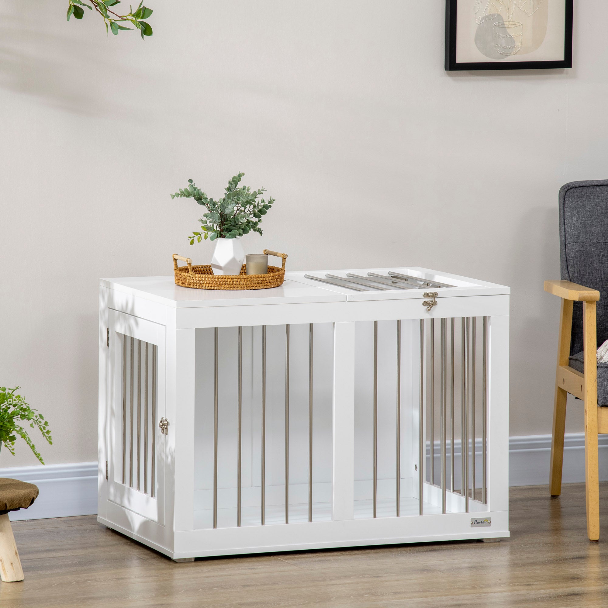 PawHut Dog Crate Furniture, 31.5" Dog Kennel Furniture Side End Table with Double Doors, for Medium Dogs, White