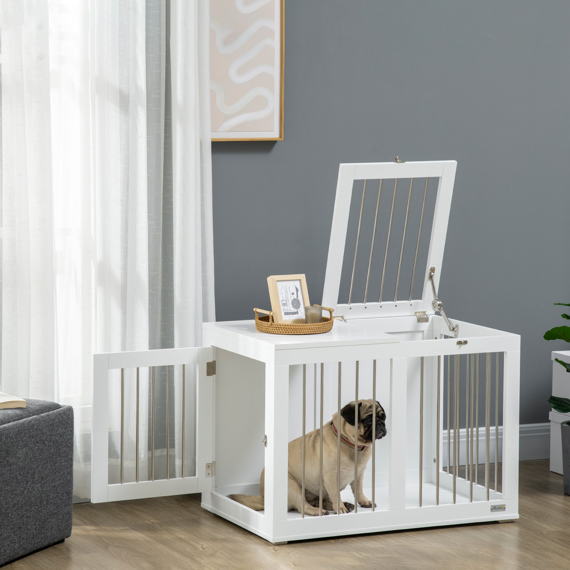 PawHut Dog Crate Furniture, 31.5" Dog Kennel Furniture Side End Table with Double Doors, for Medium Dogs, White