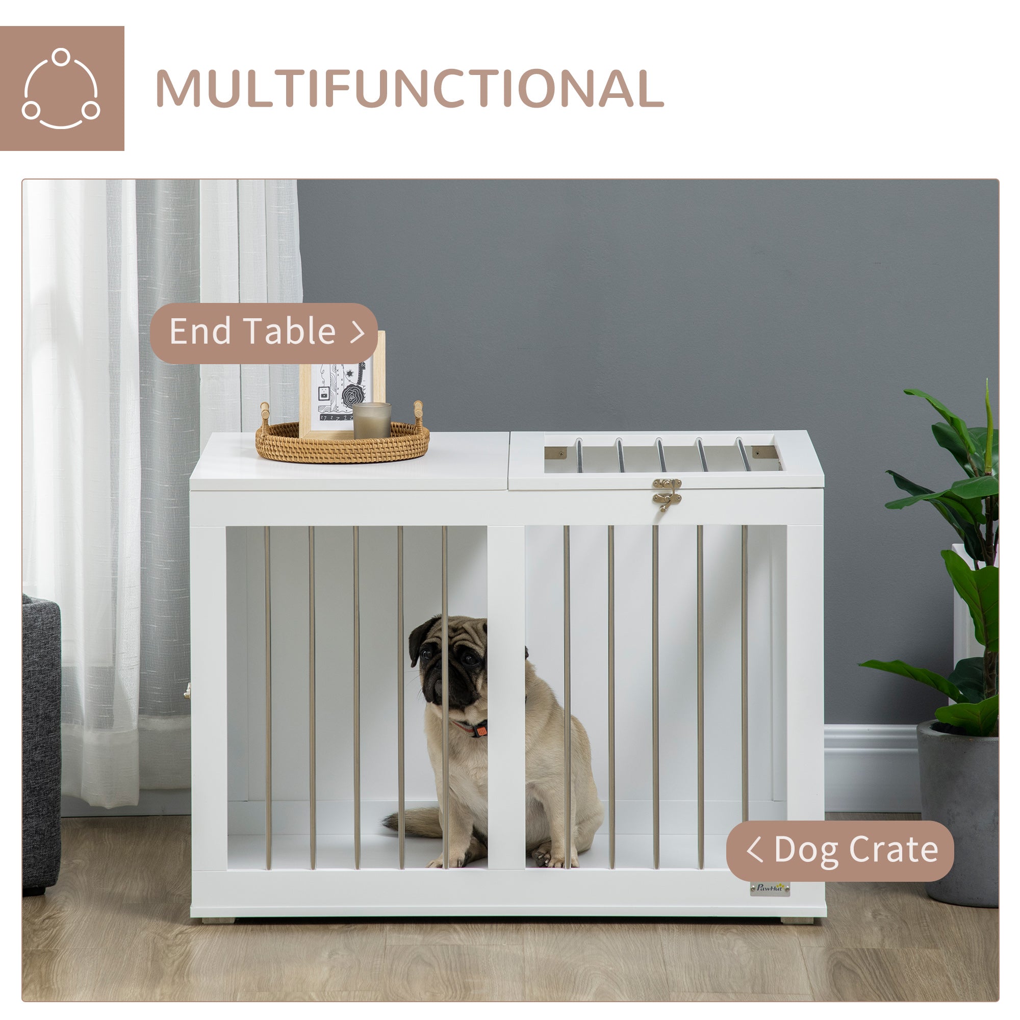 PawHut Dog Crate Furniture, 31.5" Dog Kennel Furniture Side End Table with Double Doors, for Medium Dogs, White