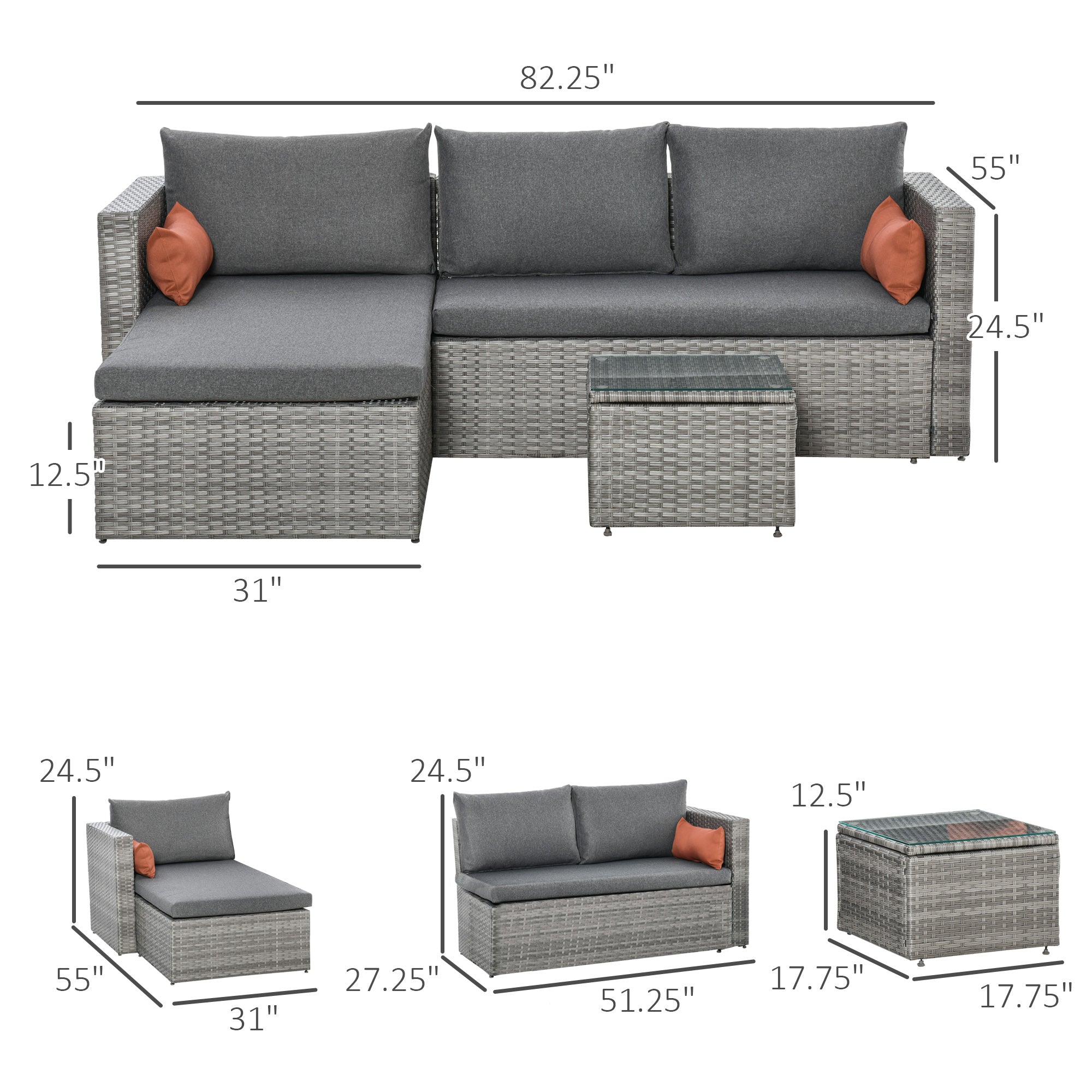 Outsunny 3-Piece Modern Outdoor Patio All-hand Woven Rattan Wicker Furniture Patio Coffee Table Sofa Set - Grey
