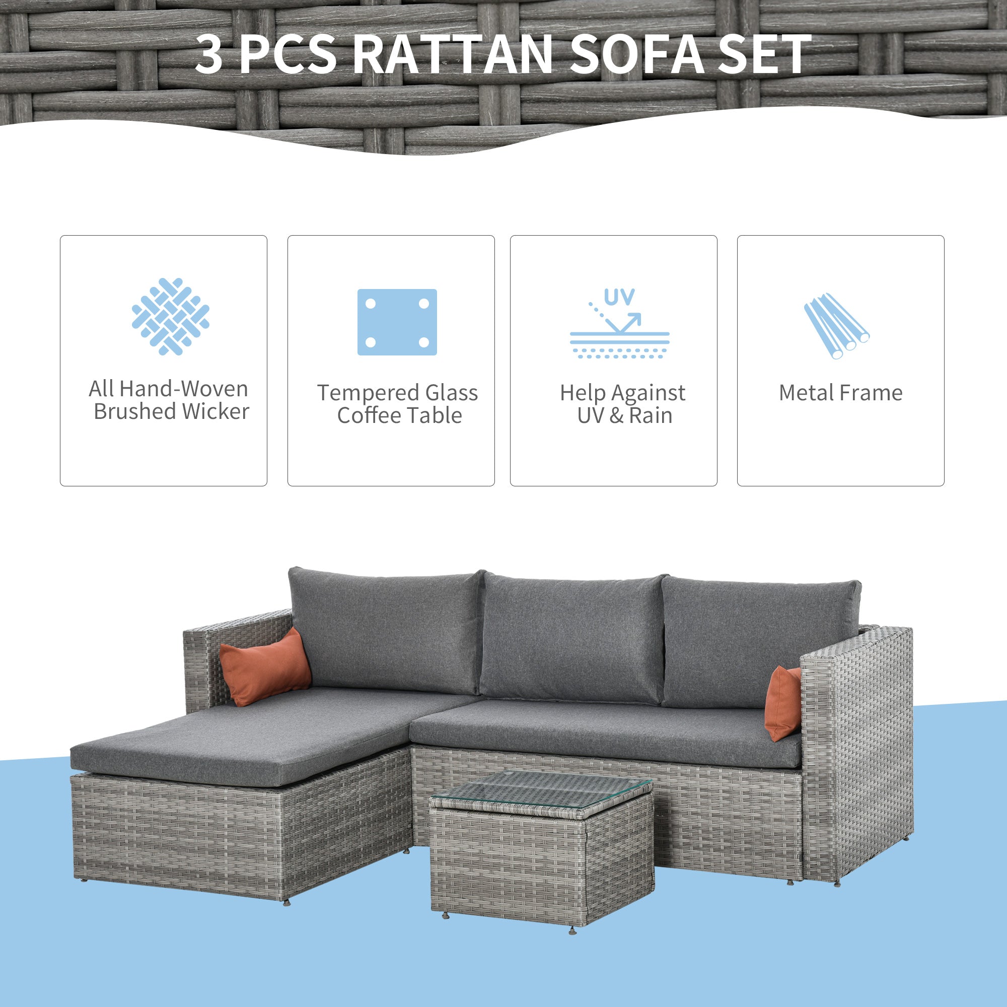 Outsunny 3-Piece Modern Outdoor Patio All-hand Woven Rattan Wicker Furniture Patio Coffee Table Sofa Set - Grey