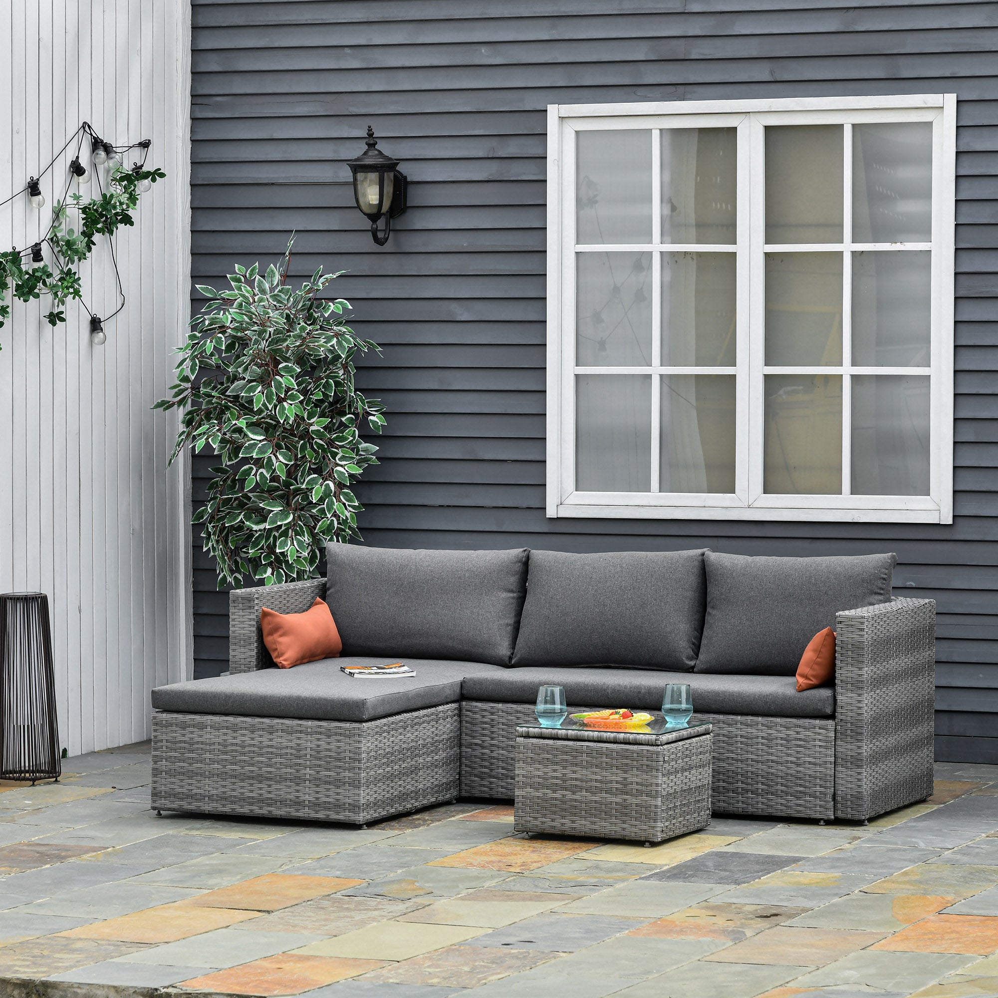 Outsunny 3-Piece Modern Outdoor Patio All-hand Woven Rattan Wicker Furniture Patio Coffee Table Sofa Set - Grey