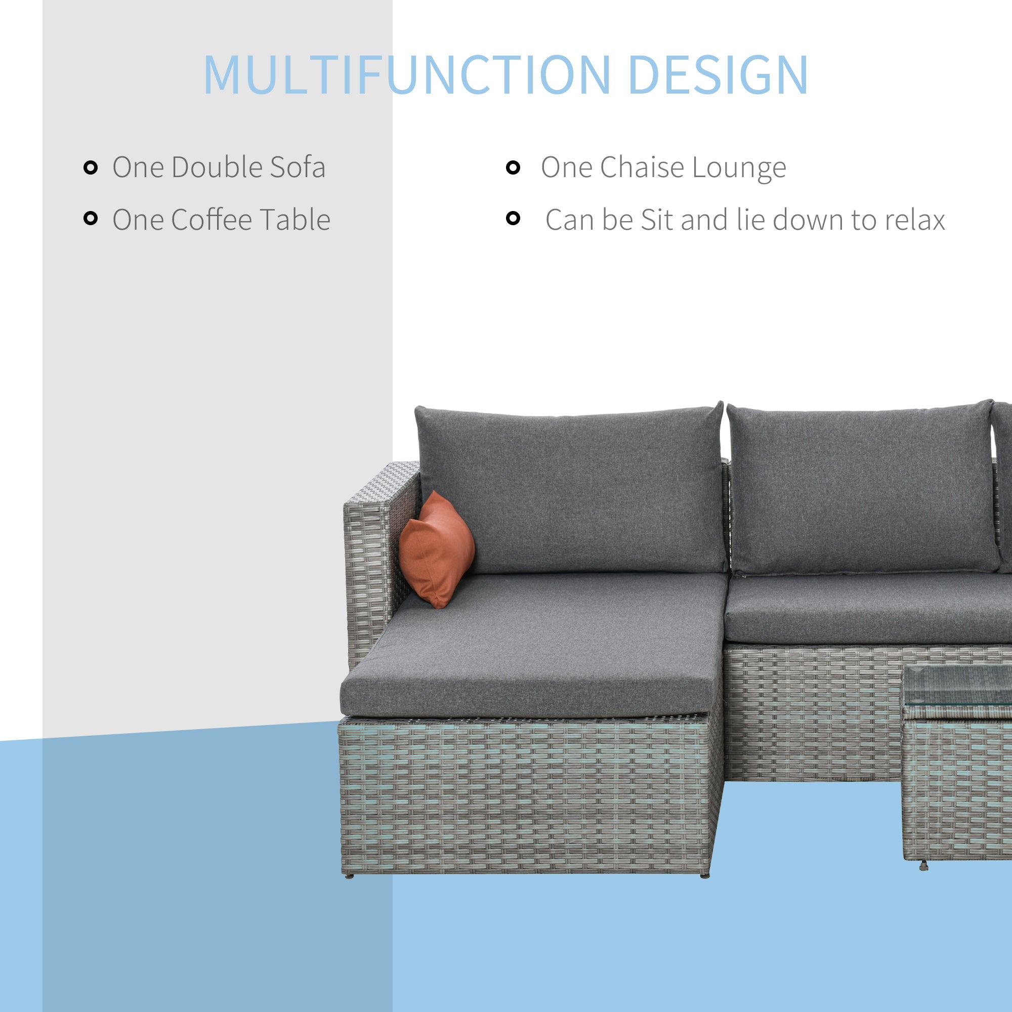 Outsunny 3-Piece Modern Outdoor Patio All-hand Woven Rattan Wicker Furniture Patio Coffee Table Sofa Set - Grey
